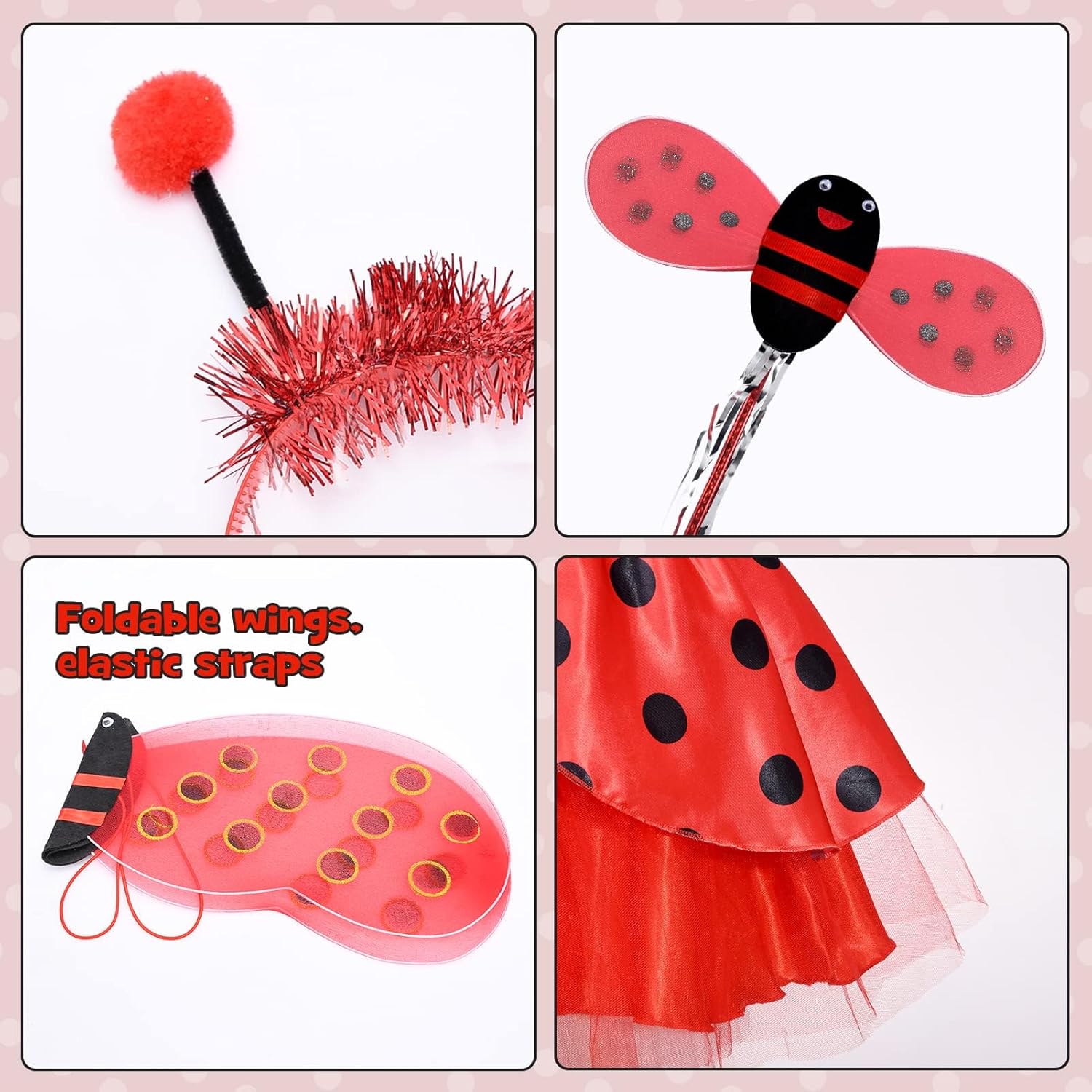 Girls Lady Bug Dress Costume Polka Dots Dress Halloween Dress Up Pretend Play Birthday Gifts for Kids 3-10 - Image 4