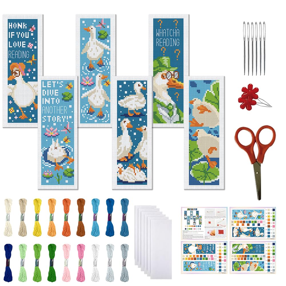 FREEBLOSS 6 Set Cross Stitch Bookmark Kit 11CT Cartoon Duck Stamped Embroidery Bookmark Kit with Instructions 6 Back Felt Bookmarks Making Set for Adults Book Lovers, 8"x2.4"