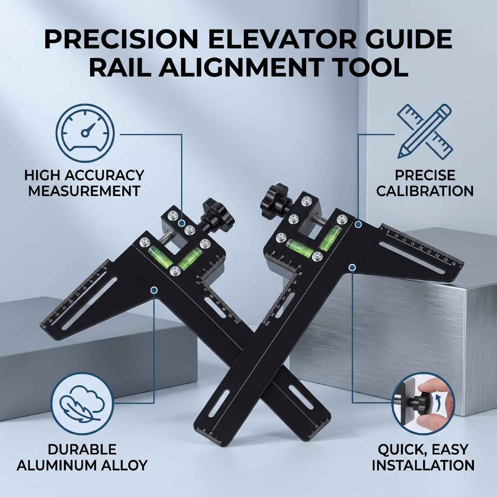 Medidor de Guía de Ascensor, Herramienta de Medición de Vía única de Aleación de Aluminio para Mantenimiento de Ascensores, con Regla Compacta de Posición Precisa para Alineación