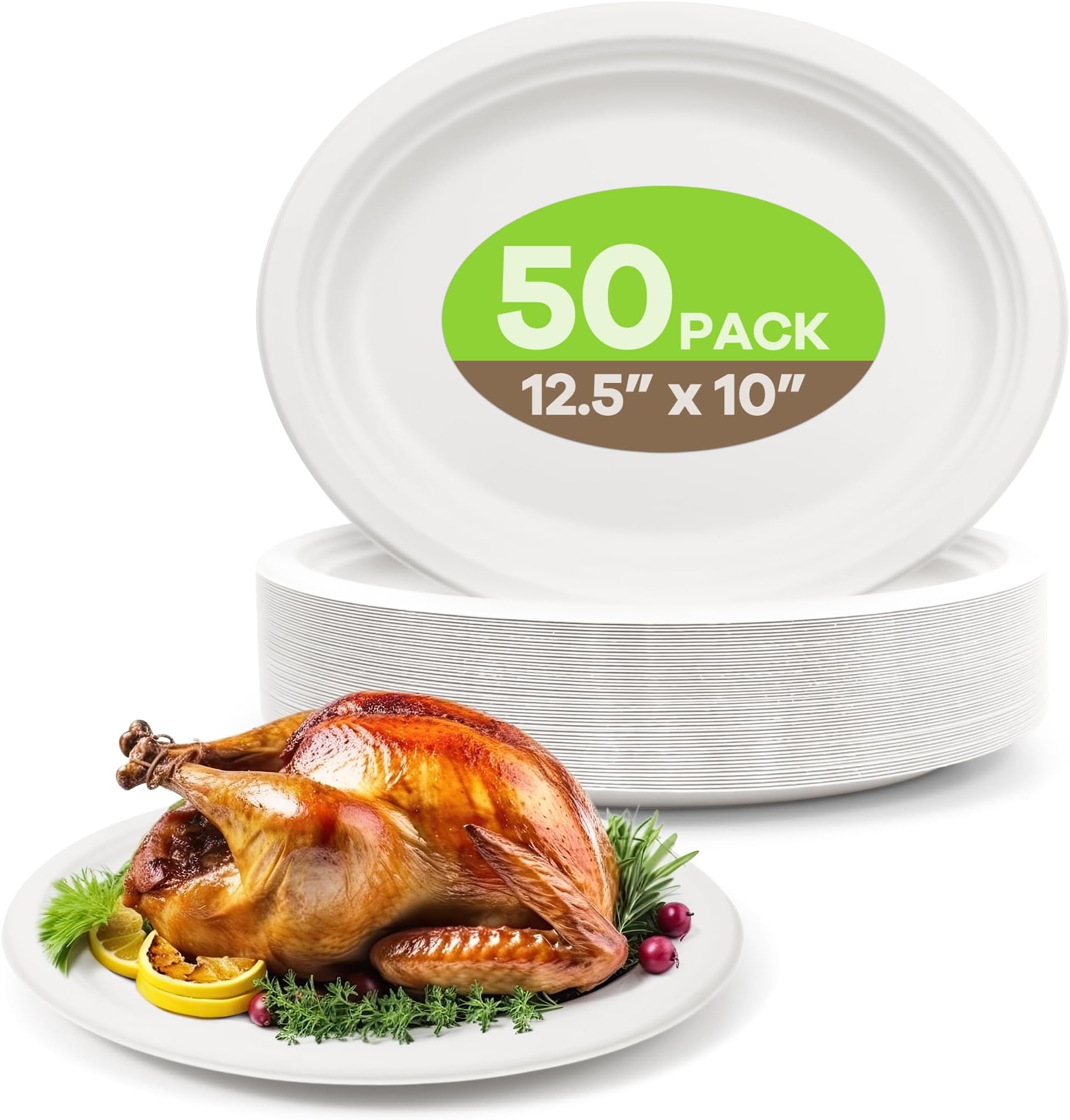 100% Compostable Oval Paper Plates, 12.5Inch 50Pack Disposable Heavy Duty Bagasse Platters Eco-Friendly Biodegradable Sugarcane Plates for BBQ, Party, Picnic - Off White