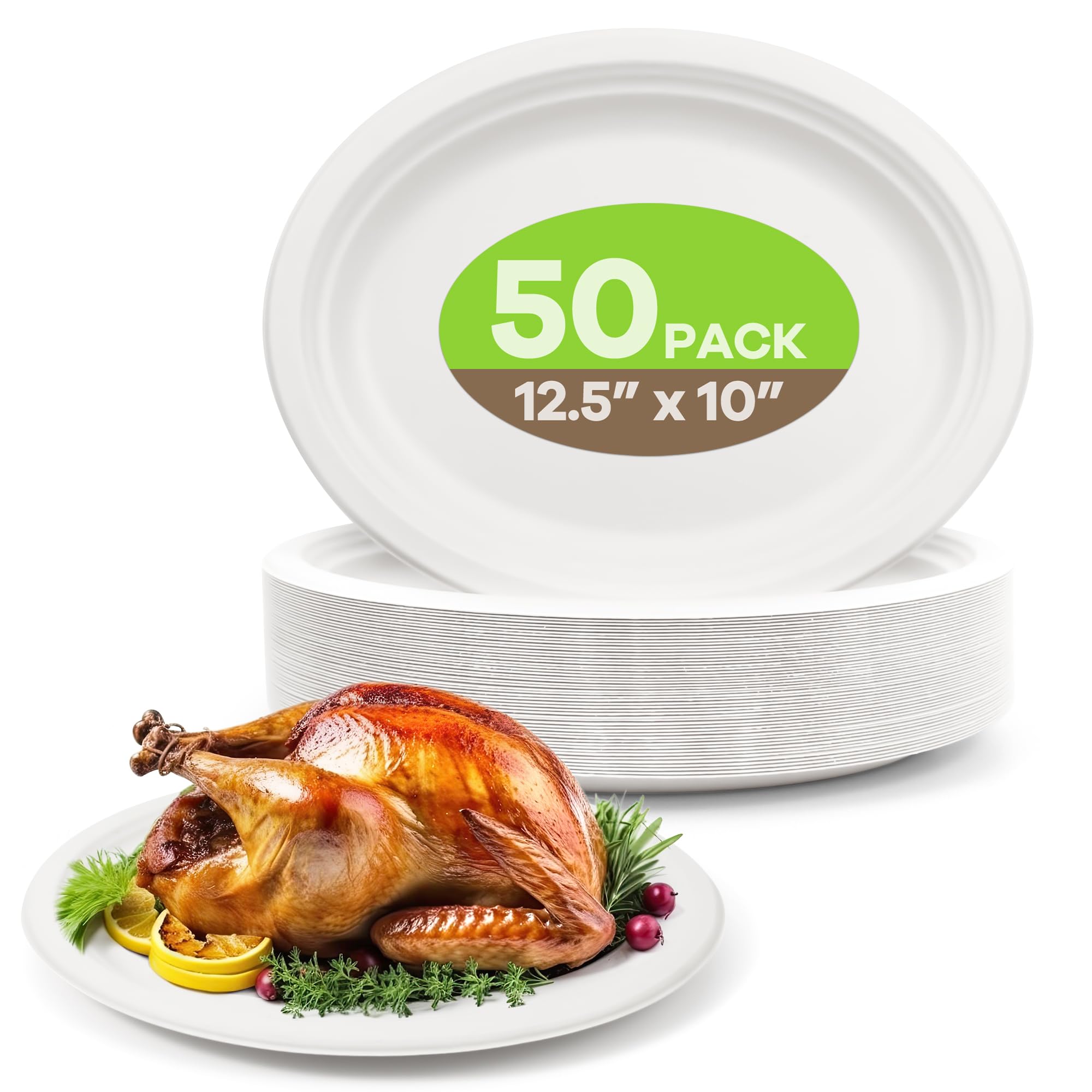 - 100% Compostable Oval Paper Plates, 12.5Inch 50Pack Disposable Heavy Duty Bagasse Platters Eco-Friendly Biodegradable Sugarcane Plates for BBQ, Party, Picnic - Off White