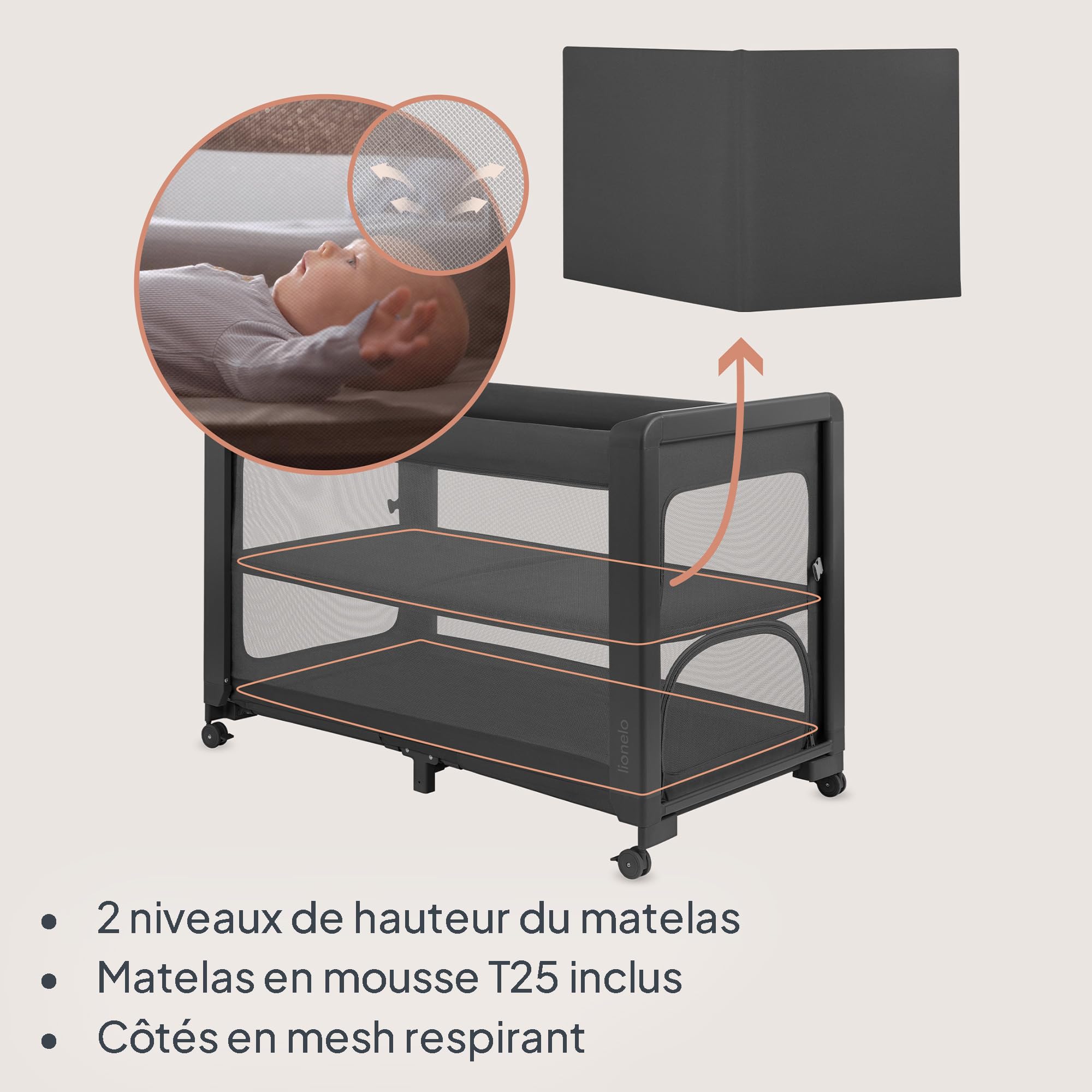 lionelo Patty Lit Parapluie avec Matelas 5 en 1, Lit Parapluie Bebe Cododo, Lit De Bebe, Parc Bébé Pliant avec Sac Et roulettes, De La Naissance À 15 Kg