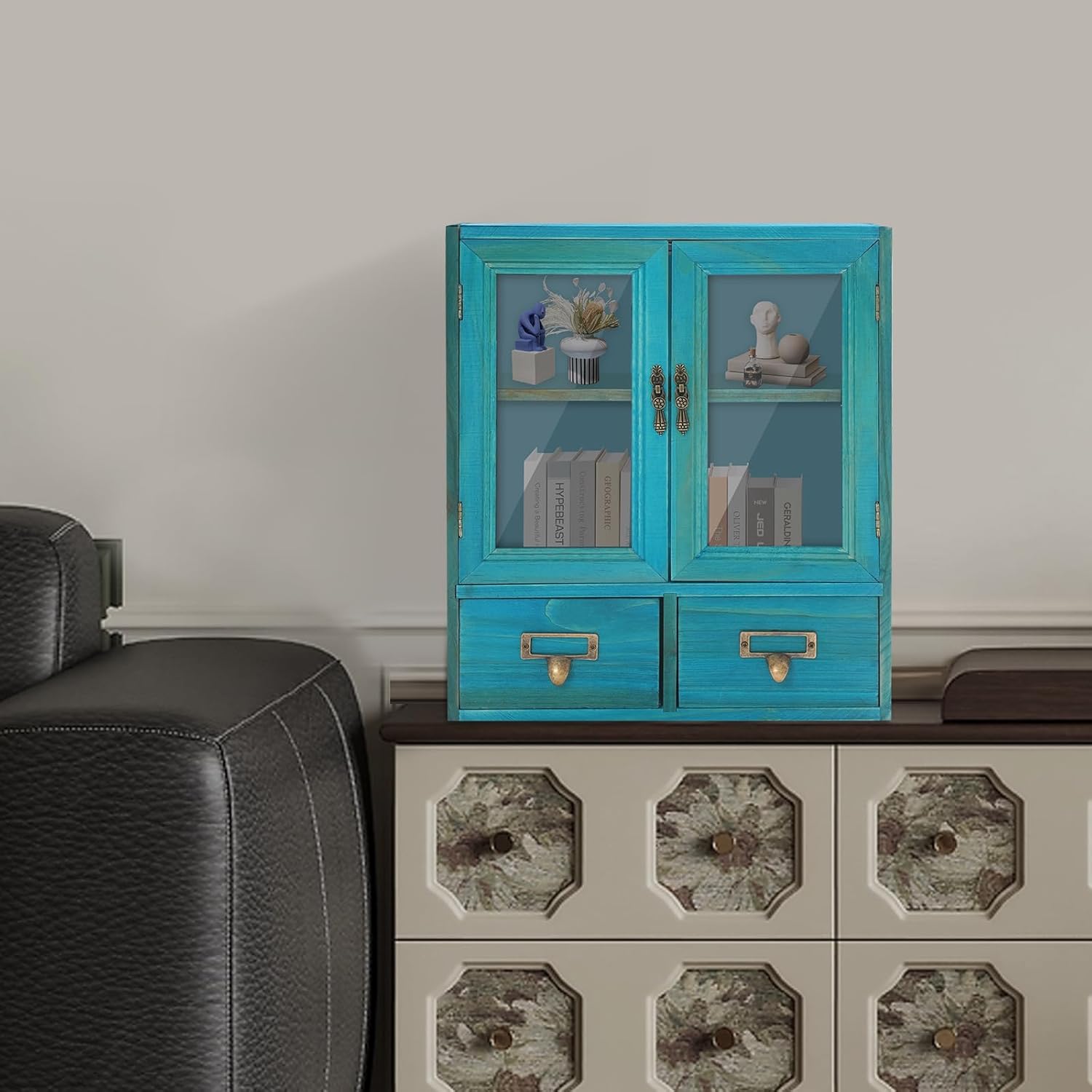 2 Tier Apothecary Cabinet with 2 Drawers, Storage Cabinet with Glass Doors Double Door Wooden Desk Top Organizer Cabinets for Living Room, Study (Blue)