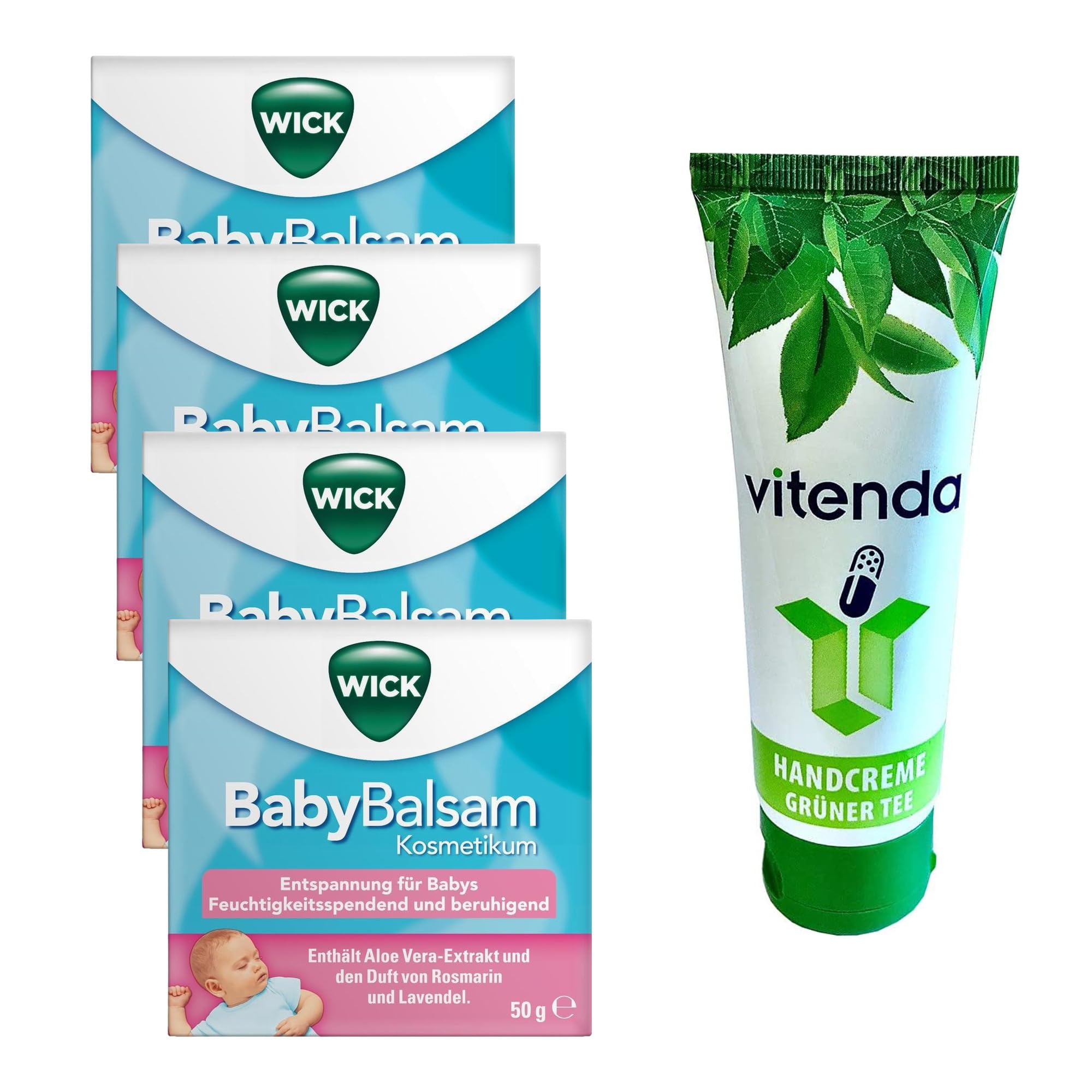 Set: Pflegender Babymassage-Balsam mit Wick BabyBalsam, mild ohne Menthol & Kampfer, ab 6 Monaten, 4x50g – inkl. vitenda Handcreme