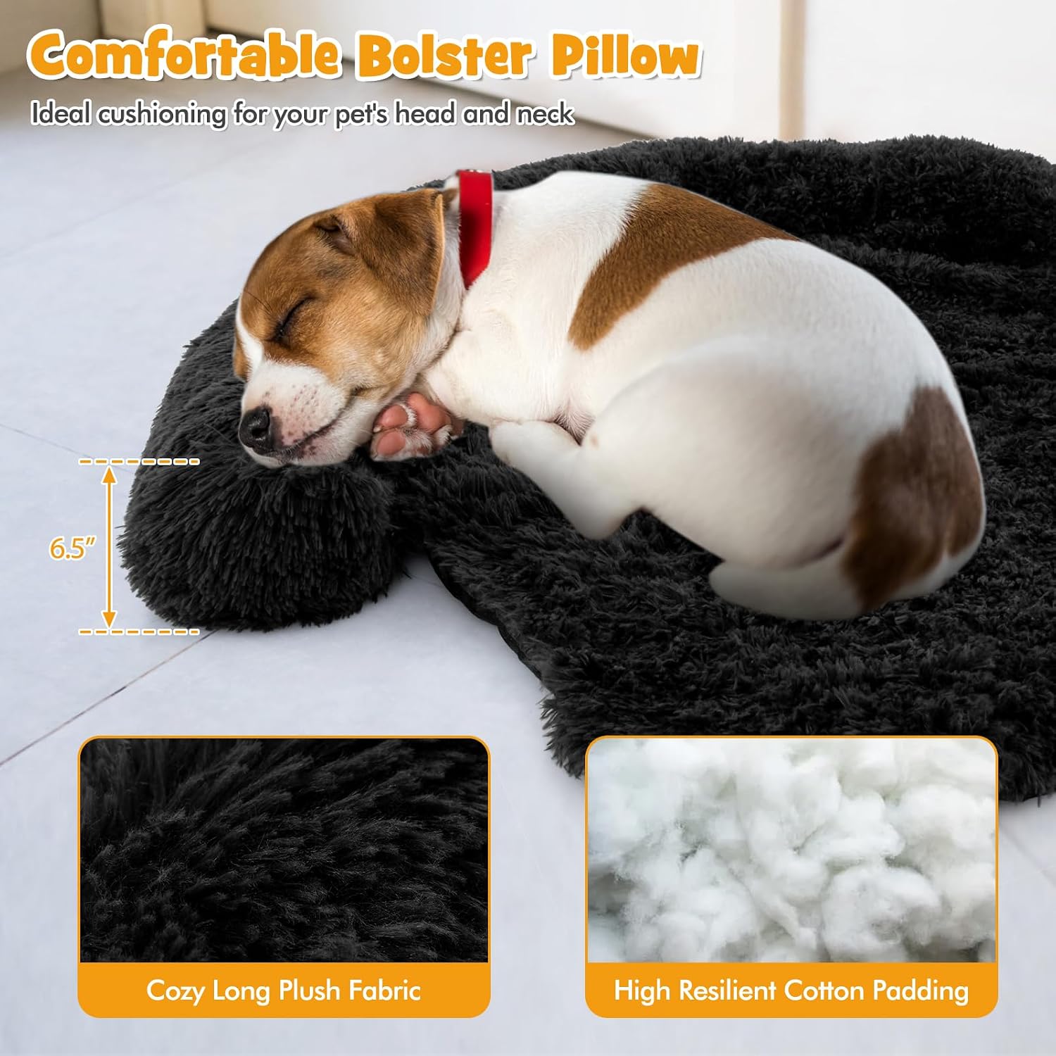 PETSITE Plush Calming Dog Bed, Fluffy Pet Bed for Couch with Washable Removable Cover and Soft Neck Bolster, Waterproof Dog Sofa Bed Furniture Protector Mats (Black, 40.0" L x 35.0" W x 6.5" Th)