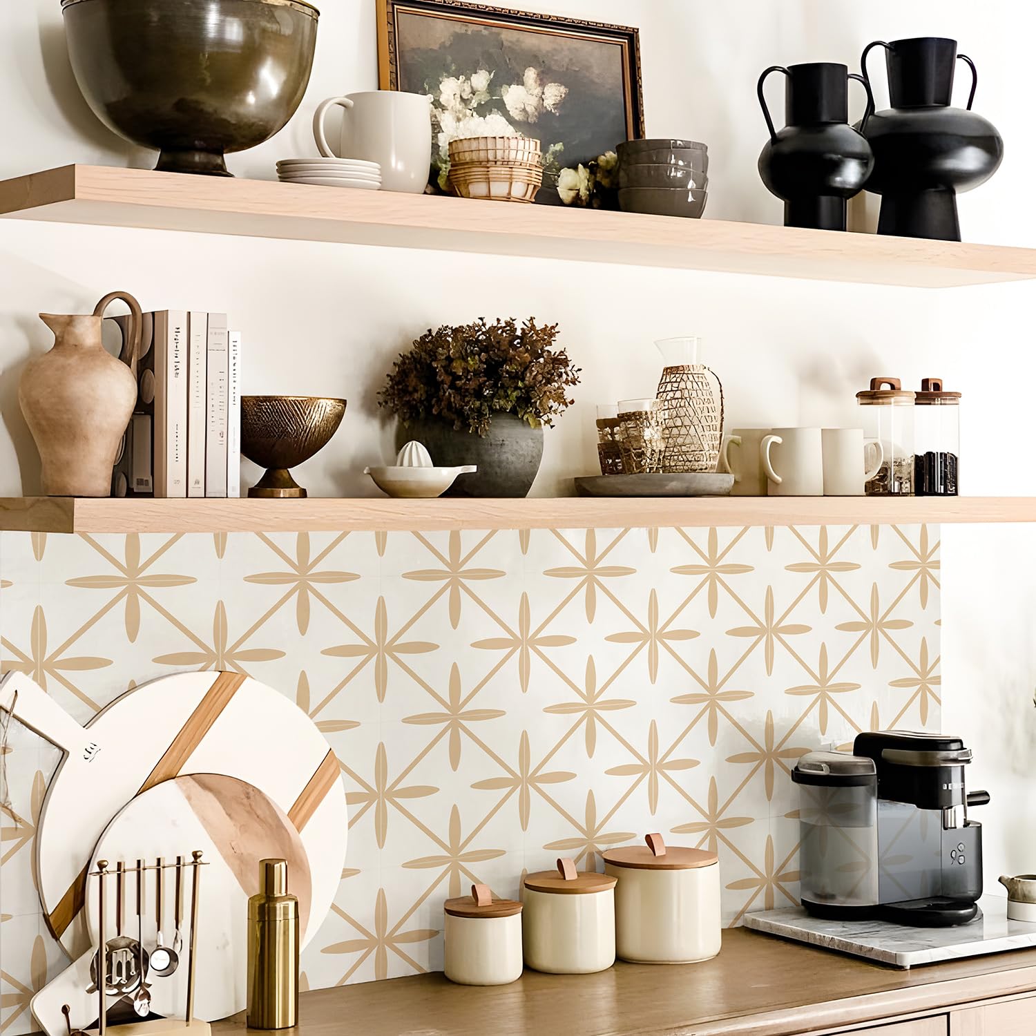 Alwayspon Tile Sticker, Beige White Self Adhesive Stick on Tiles Transfer Sticker for Bathroom Kitchen, Splashback, Peel and Stick Vinyl Floor Wall Tiles Sticker, 10PcsX20cm/8inch