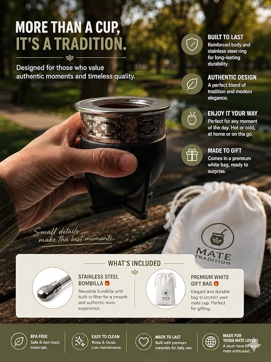 Mate Imperial Argentino Kit Mate, Taza de te, With Straw Tea Gourd Mug One Bombilla (Straw), Wrapped Handmade Leather Ideal for Gift and Travel (Black) (small)