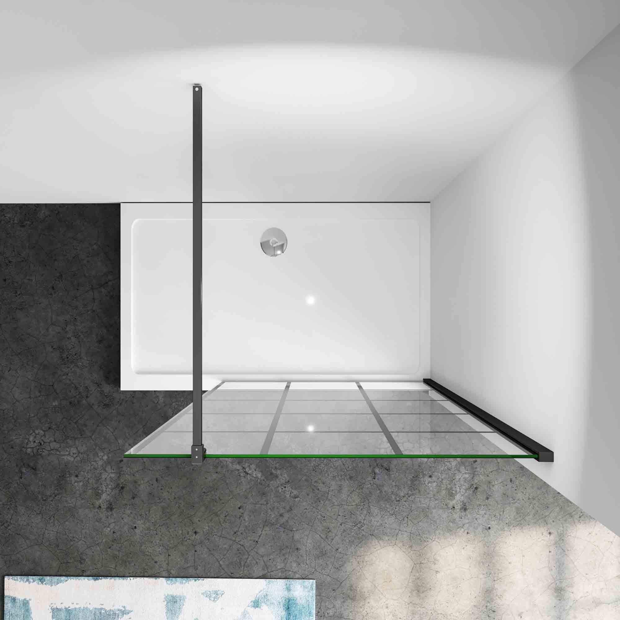 100x200cm Mamparas de ducha pantalla panel fijo estilo industrial negro Mate con cuadrados cristal antical 8mm con Barra 70-120cm