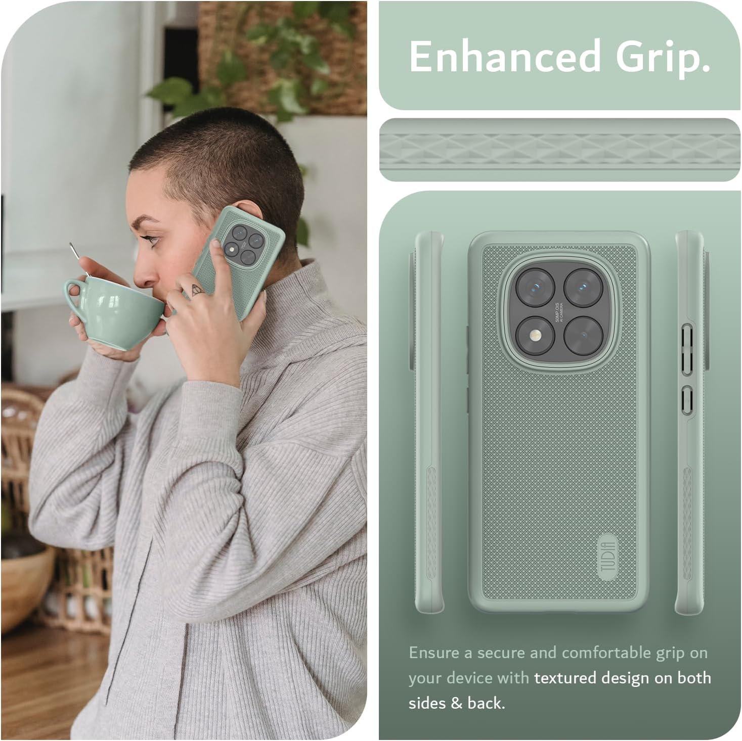 TUDIA DualShield Grip Designed for Xiaomi Redmi Note 14 Pro 5G Case (2025), [MergeGrip] Military Grade Dual Layer Shockproof Slim Tough Heavy Duty Protective Phone Cover (Green Lily)