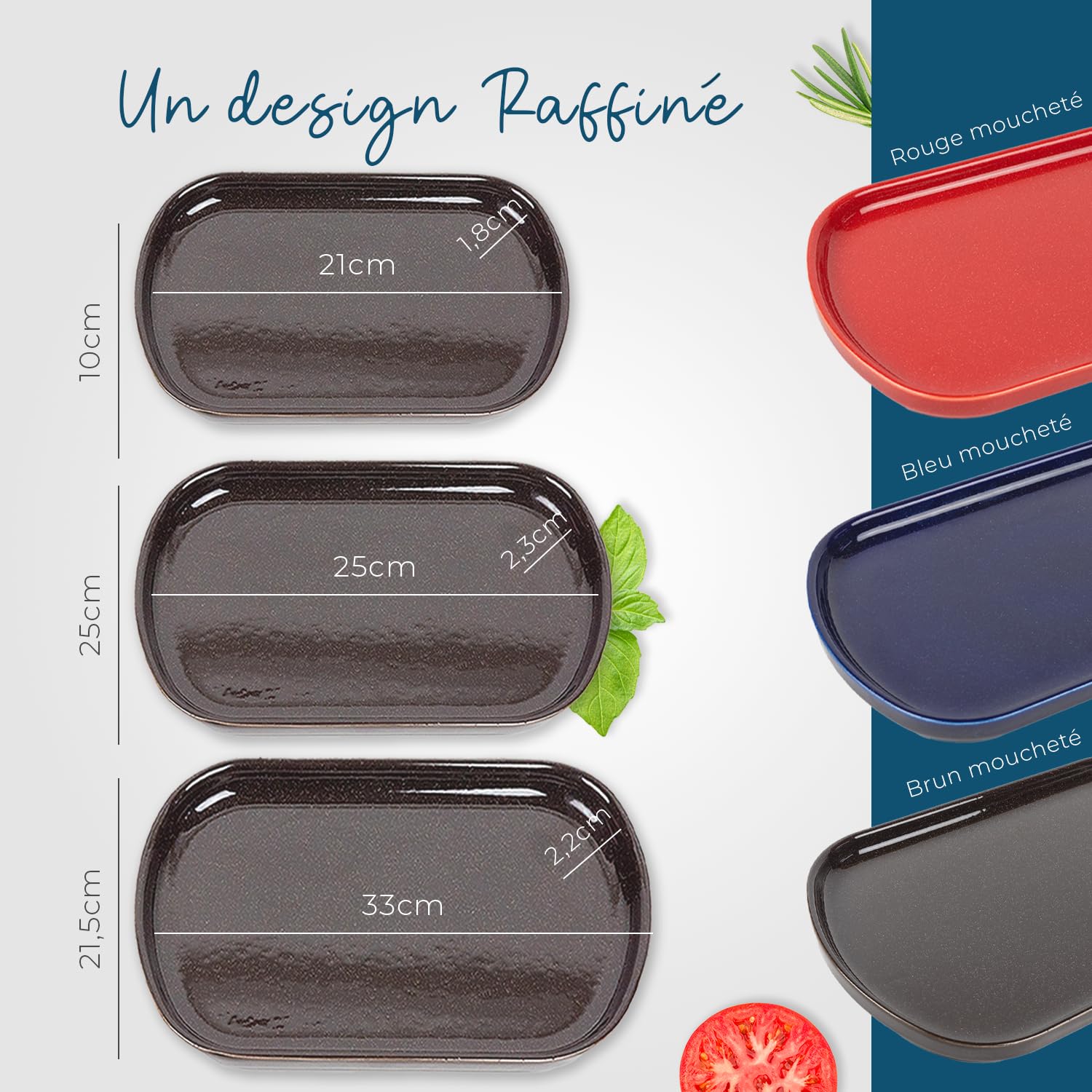 ESPRIT DE CUISINE - Lot de 4 Assiettes Oblongues En Céramique - Design Élégant - Résistant Aux Rayures - Solide Et Durable - Facile À Nettoyer - Made In France - 21 cm - Brun Moucheté