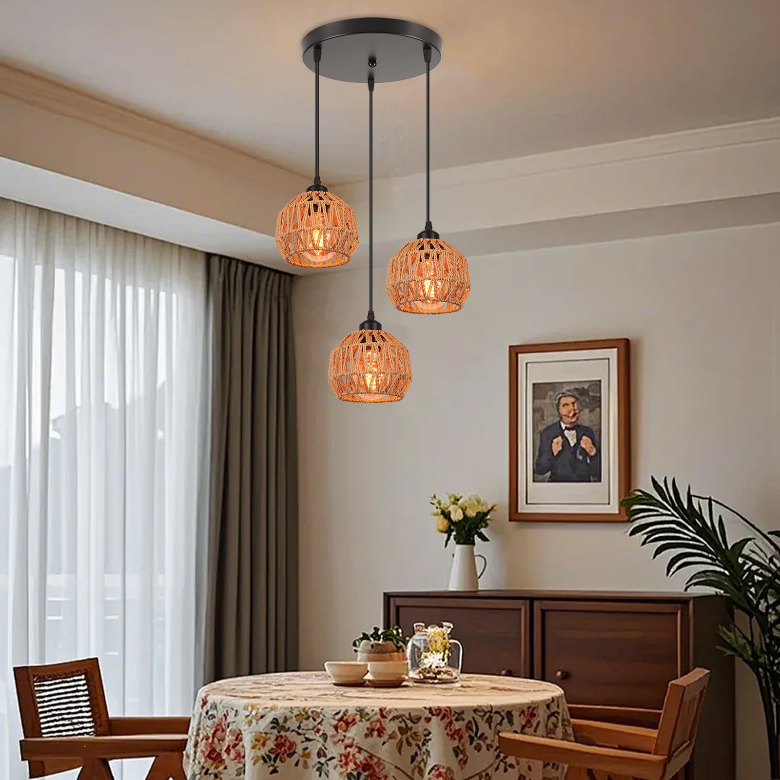 3-Light industrialna lampa wisząca w stylu vintage, metalowa linka papierowa, lampa wisząca, E27, retro, lampa sufitowa do jadalni, salonu, sypialni