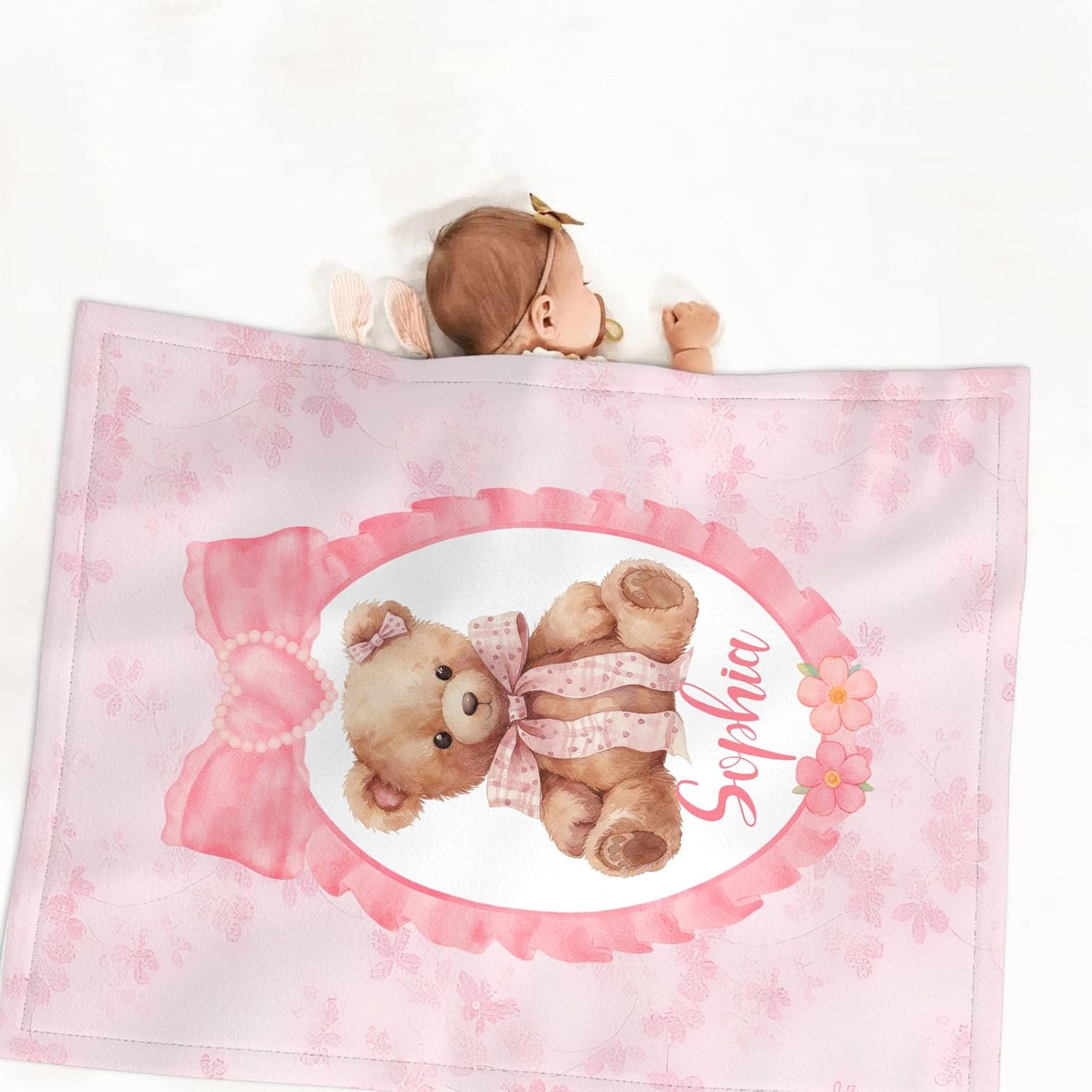 Personalized Name Baby Crib Bedding Set for Girls, 3 Piece Pinb Bow and Bear Nursery Bedding with Flannel Blanket, Fitted Sheet & Pillowcase – Newborn Gift