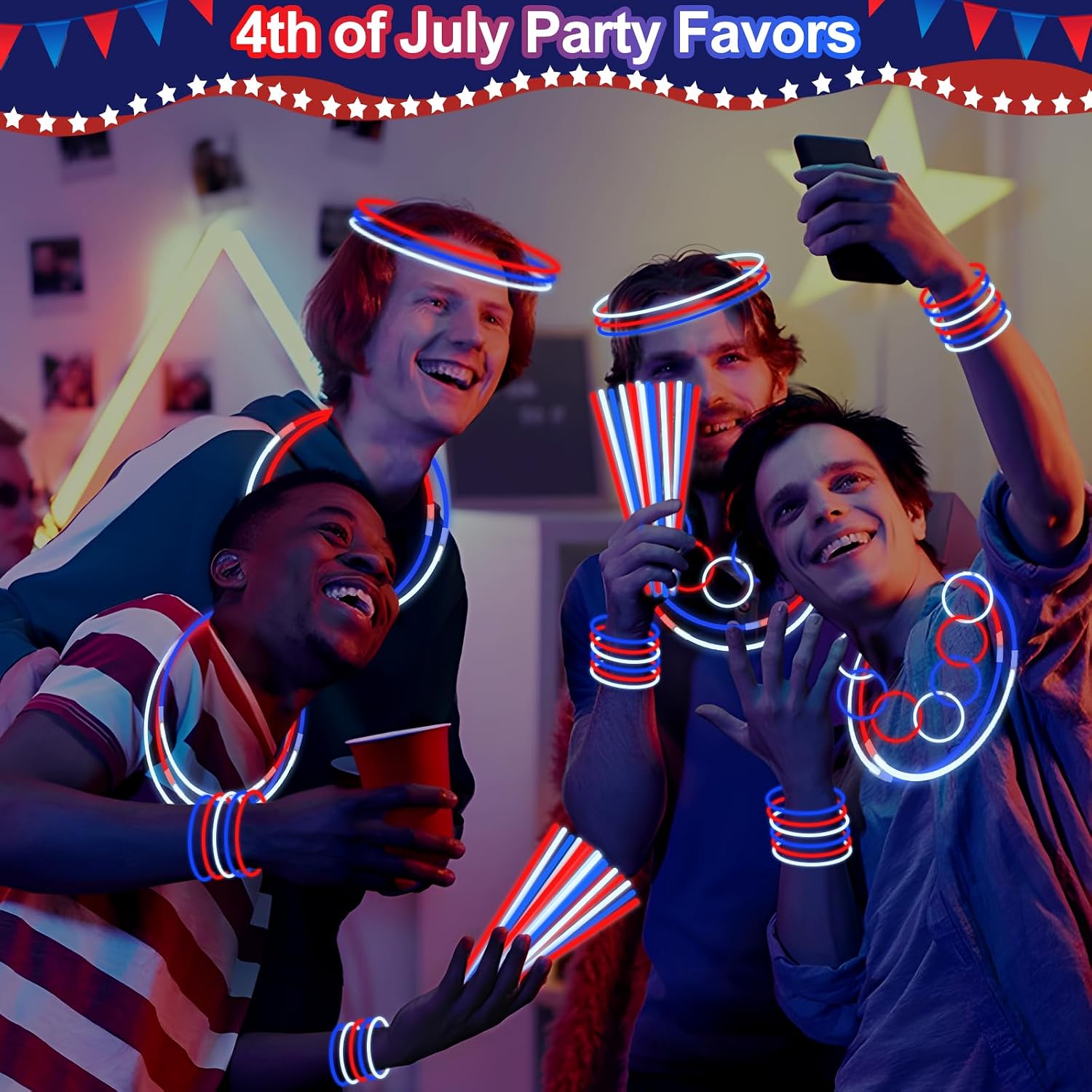 480 Pack 4th of July Glow Sticks Party Favors with Connectors,Patriotic Red White Blue Glow Stick Bracelets Nacklaces Glow in the Dark Accessories 250th Anniversary USA Independence Day Decorations