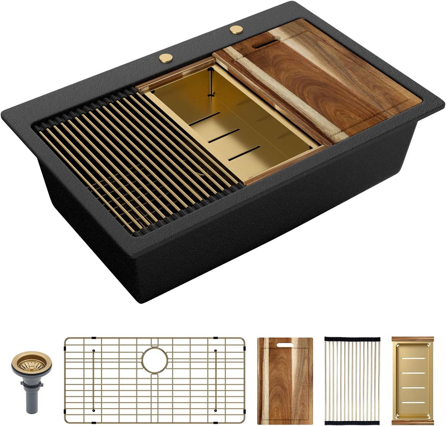 Sarlai 33 Granite Composite Black Kitchen Sink - 33"x22" Drop In Kitchen Sink Ledge Workstation Black Granite Quartz Composite Top-Mount Single Bowl Sinks Basin with Gold Accessories