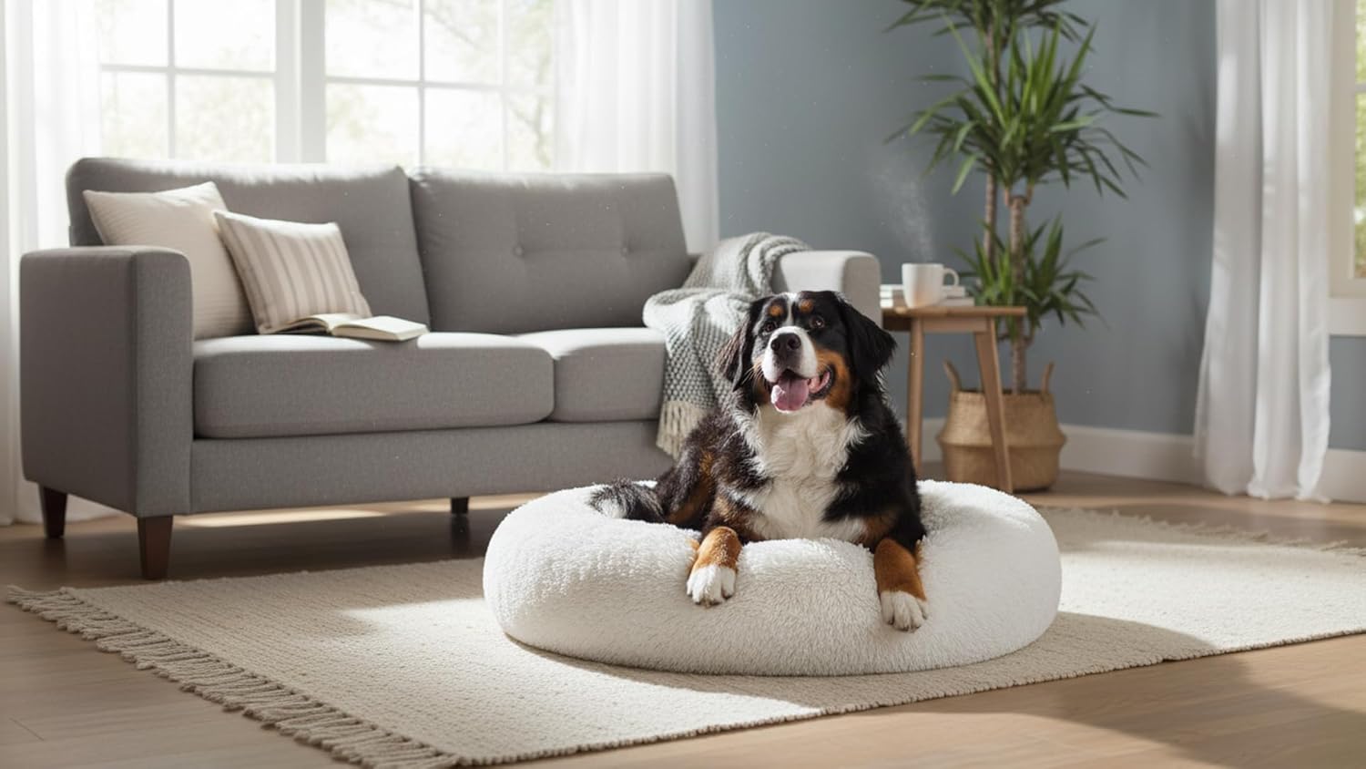 The Dog’s Bed Calming Donut Dog Bed, Plush Faux Fur Round Cuddler Nest, Removable Washable Zip Cover – XL (45"), Ice White
