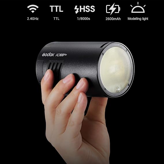 Godox AD100Pro 100Ws TTL 2.4G 1/8000 HSS Outdoor Flash Light, 2600mAh Battery 0.01-1.5s Recycling,with S2 Speedlite Bracket,60cm x 60cm Foldable Universal Softbox and Honeycomb Grid
