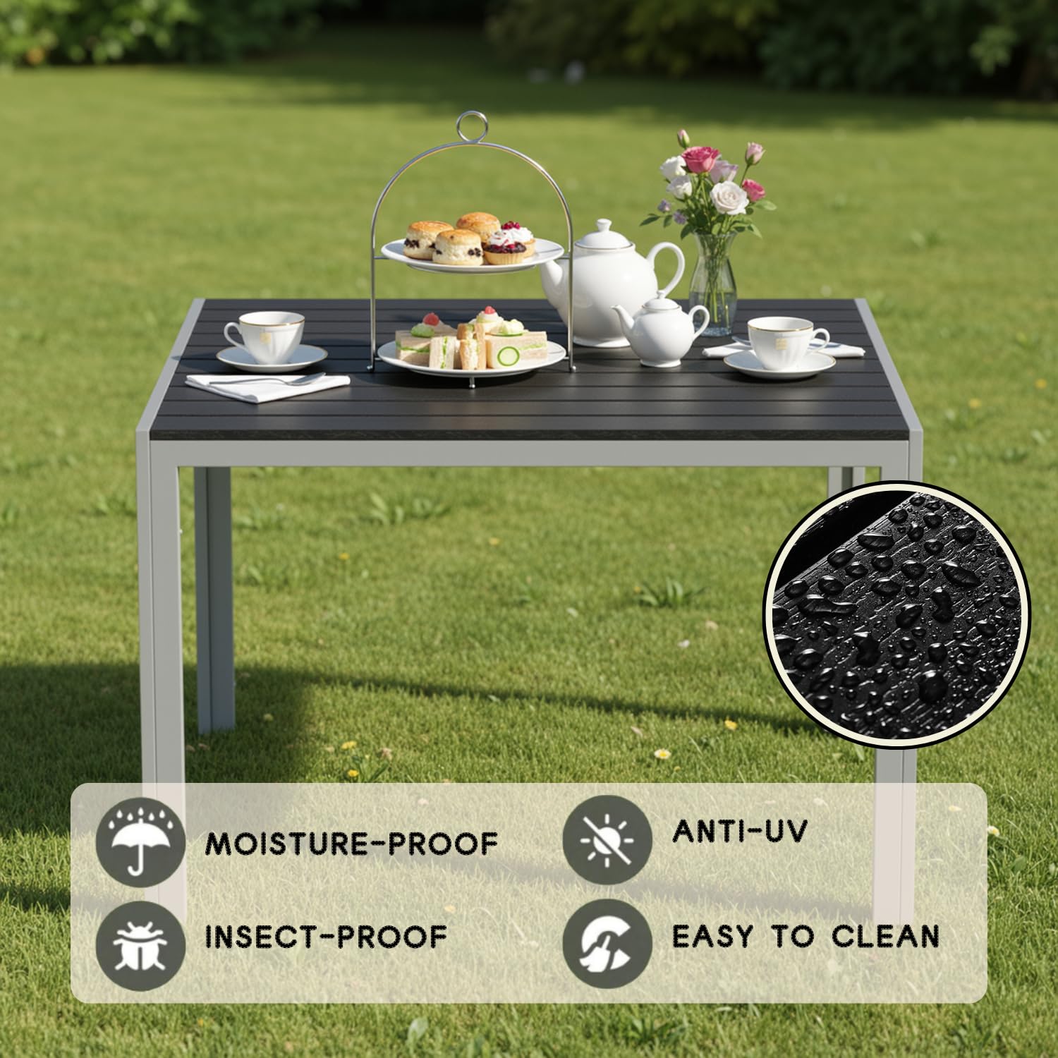Clevich Mesa de jardín Resistente a la Intemperie, 110 x 70 cm, Mesa de Comedor al Aire Libre, Mesa de balcón WPC, Marco de Aluminio, Muebles de jardín Resistentes a la Intemperie, Mesa Cuadrada de