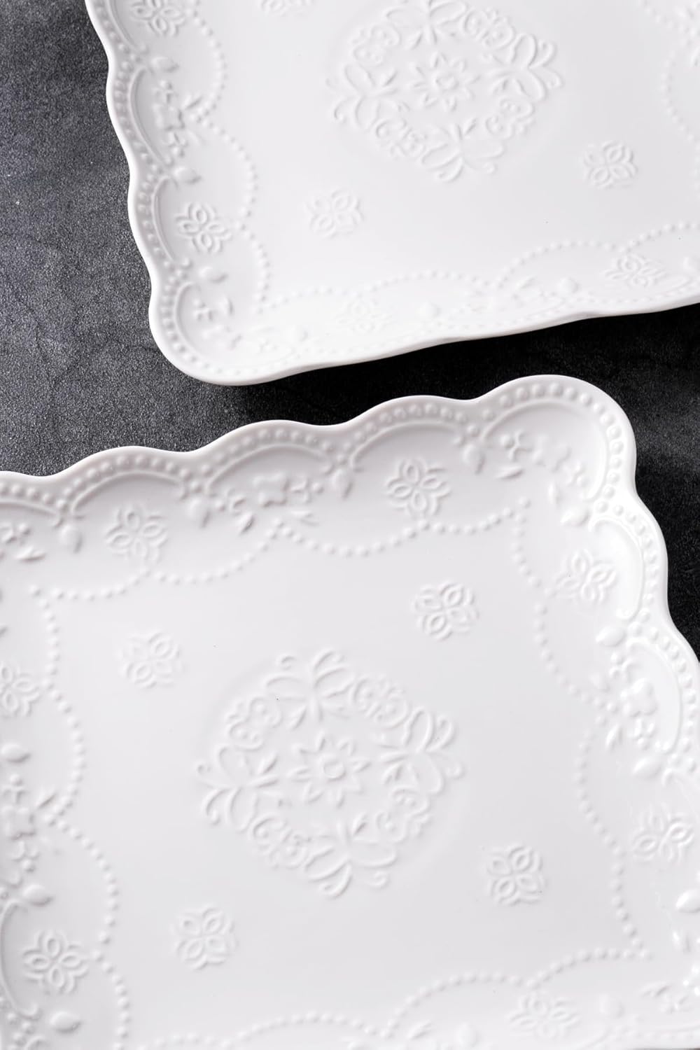 Jusalpha Set of 4-Square Embossed Lace Ceramic Plate-Dinner Plate Set, Pasta/Salad/Dessert Plate Dishwasher MicrowaveTableware Set for Restaurant Family Party Kitchen Use (White, 10 Inches)