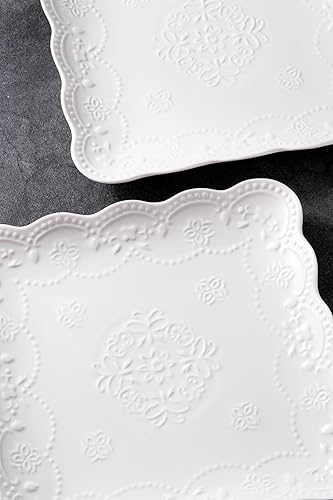 Miniatura 7 de Jusalpha Juego de 4 platos cuadrados de cerámica de encaje en relieve, platos de pastaensaladapostre, lavavajillas, microondas, juego de vajilla