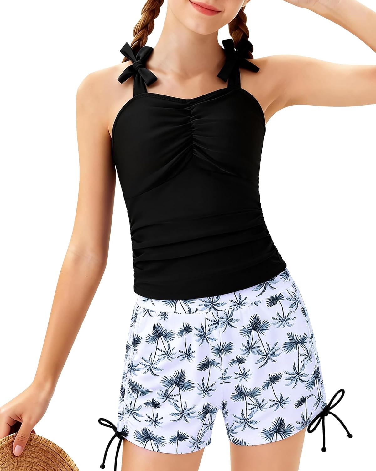 Girls Tankini Swimsuit 2 Piece Ruched Tie-Straps Swimwear Drawstring Swim Shorts Girl Bathing Suit 7-16Y