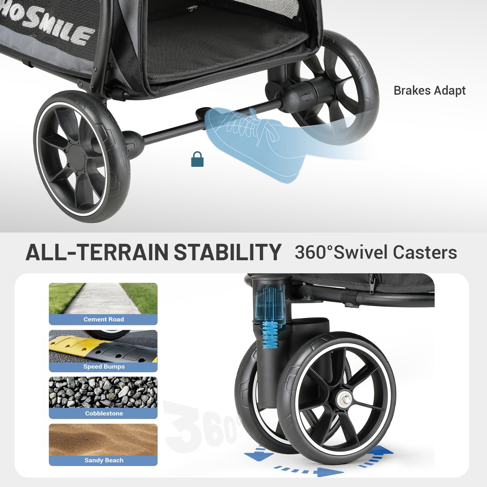 EchoSmile Cochecito para perros medianos y grandes de hasta 40 kg, plegable con ventanas de red, asa ajustable y 3 ruedas todoterreno (gris + negro)