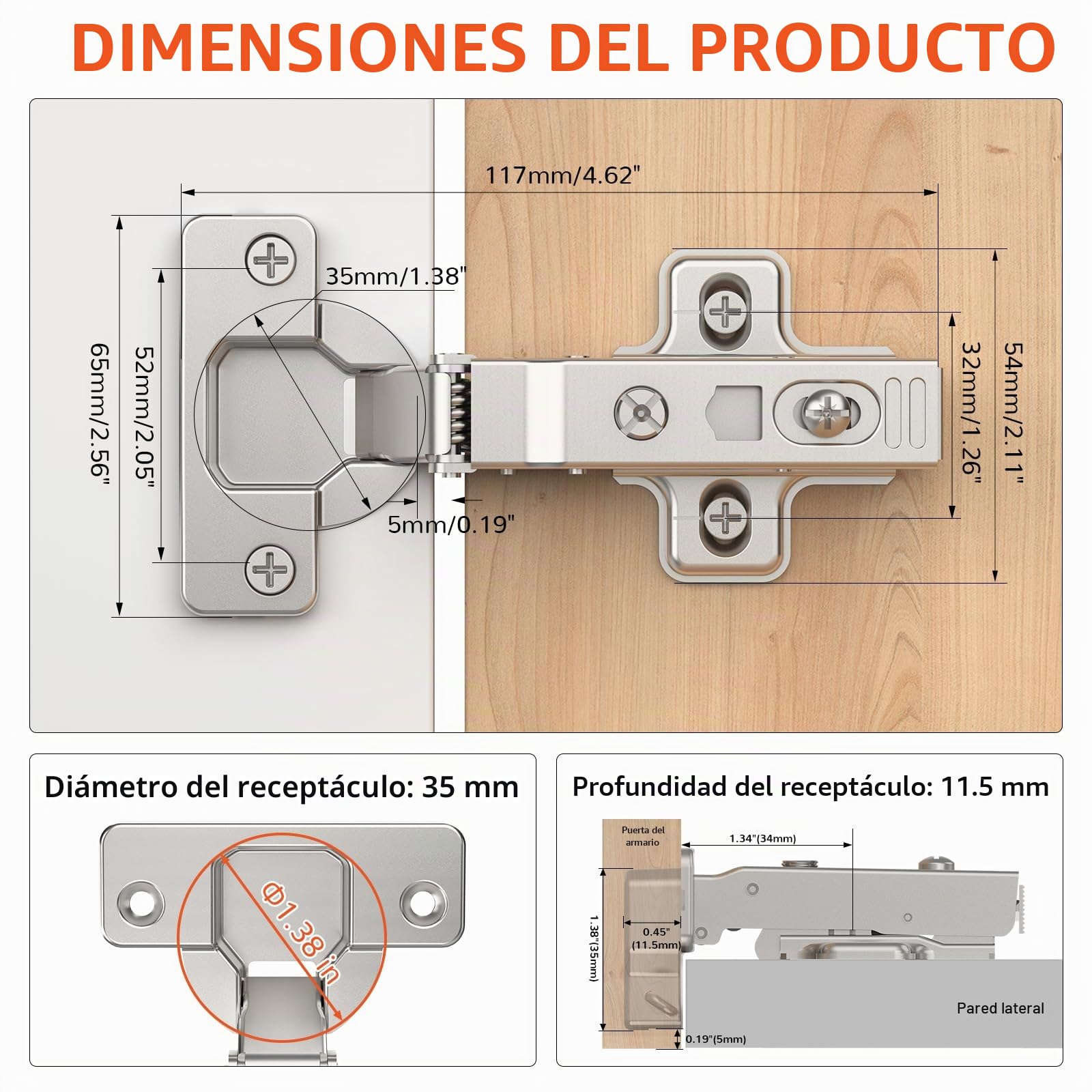 Furniware 2 piezas de bisagras de cierre suave para esquinas, bisagras para armario con distancia entre agujeros de 52 mm, bisagra angular de 105 grados para cocina, topes de 35 mm, bisagras para