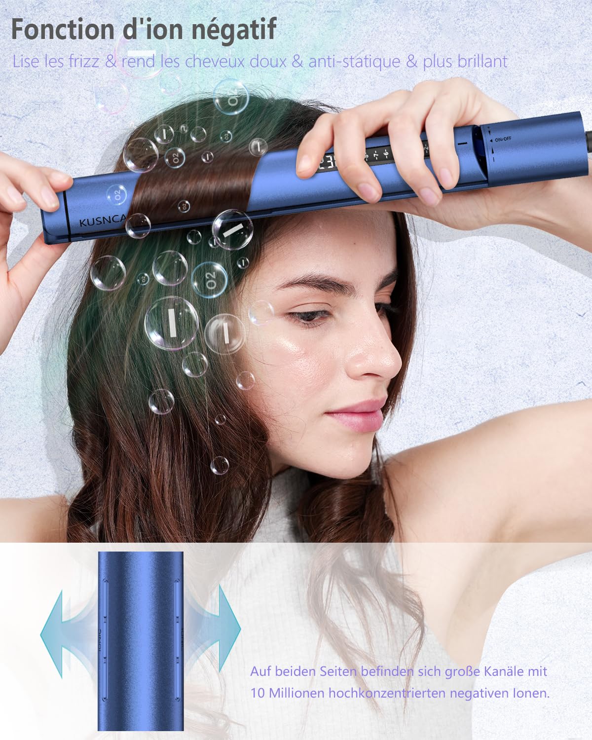 KUSNCA Lisseur Cheveux, 2 EN 1 Lisseur Boucler et Lisser Lisse et Brillant, 3D Plaque Céramique Flottante Empêche Les Cheveux de Tirer, Face Avant Avec Fonction Anti-brûlure, LCD 110°C-230°C (Bleu)