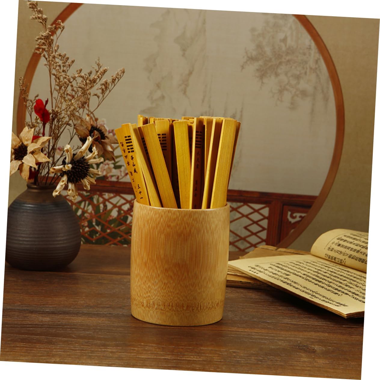 DECHOUS Bamboo Divination Sticks with Chinese-Style Divination Bucket for Spiritual Guidance Bamboo Sticks and High Tube for Fun Games and Meditation