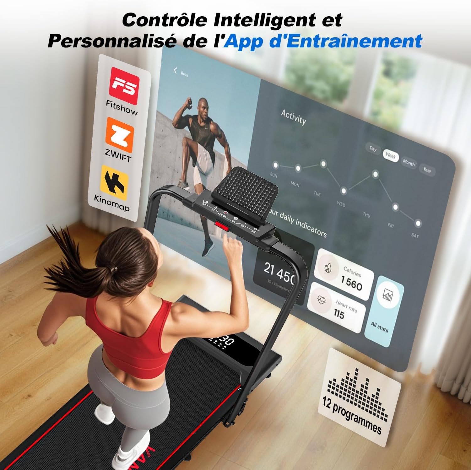 Treadmill running belt with shock absorption system highlighted.