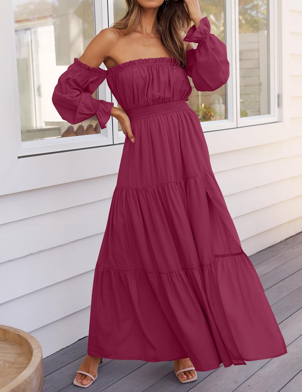 ZESICA Women's Boho Off Shoulder Spring Long Sleeve Dress 2026 High Waist Side Split Sexy Flowy A Line Long Maxi Dresses - Image 3