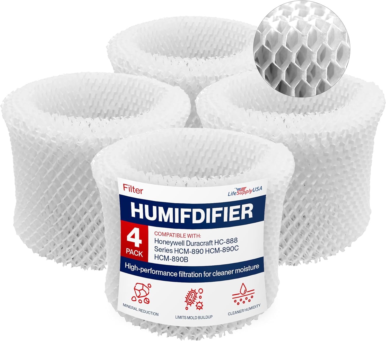 LifeSupplyUSA Wick C Humidifier Filter Replacement Compatible with Honeywell Duracraft HC-888, HCM-890 HCM-890C, HCM-890B Humidifiers (4-Pack)