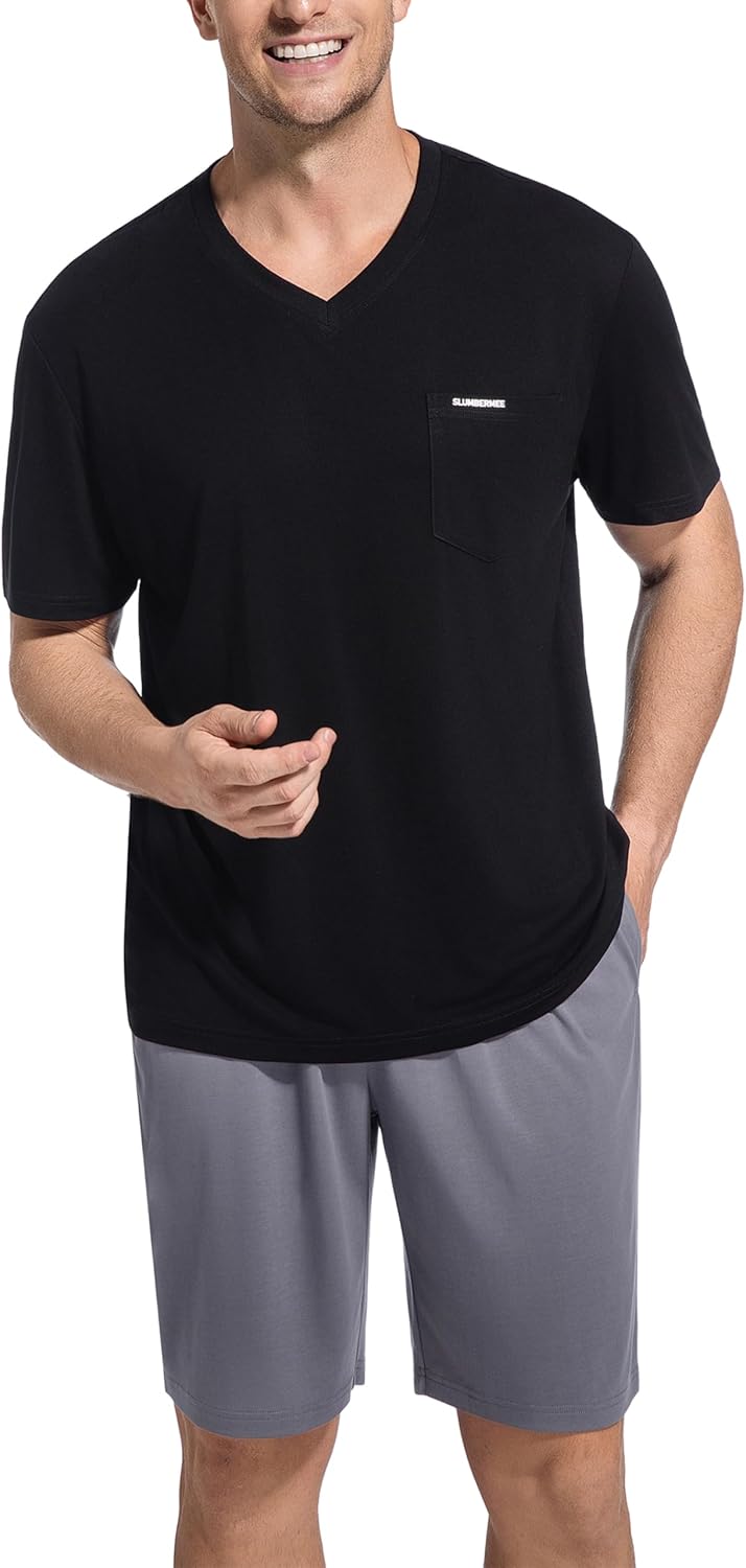 SlumberMee Mens Pajama Set Soft Cooling Viscose Summer Pjs Short Sleeve Sleepwear 2 Piece Crew Neck Loungewear with Pockets