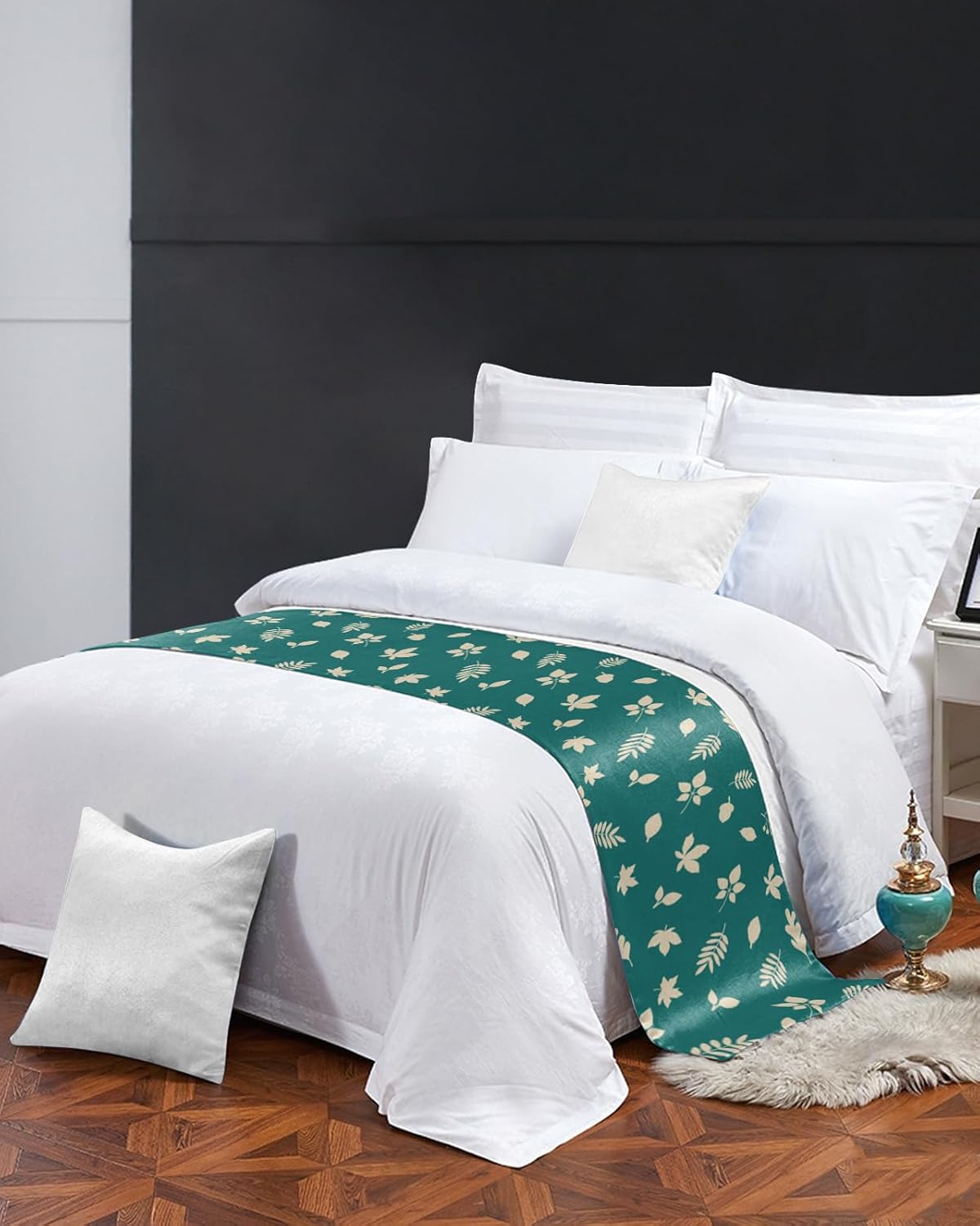 Bed Runner Scarf, Thanksgiving Leaves Green King Bed Bedding Scarves Cover Decorative Bed Scarf for Home Hotel Guesthouse Bedroom Wedding Room Guestrooms 94"x20"