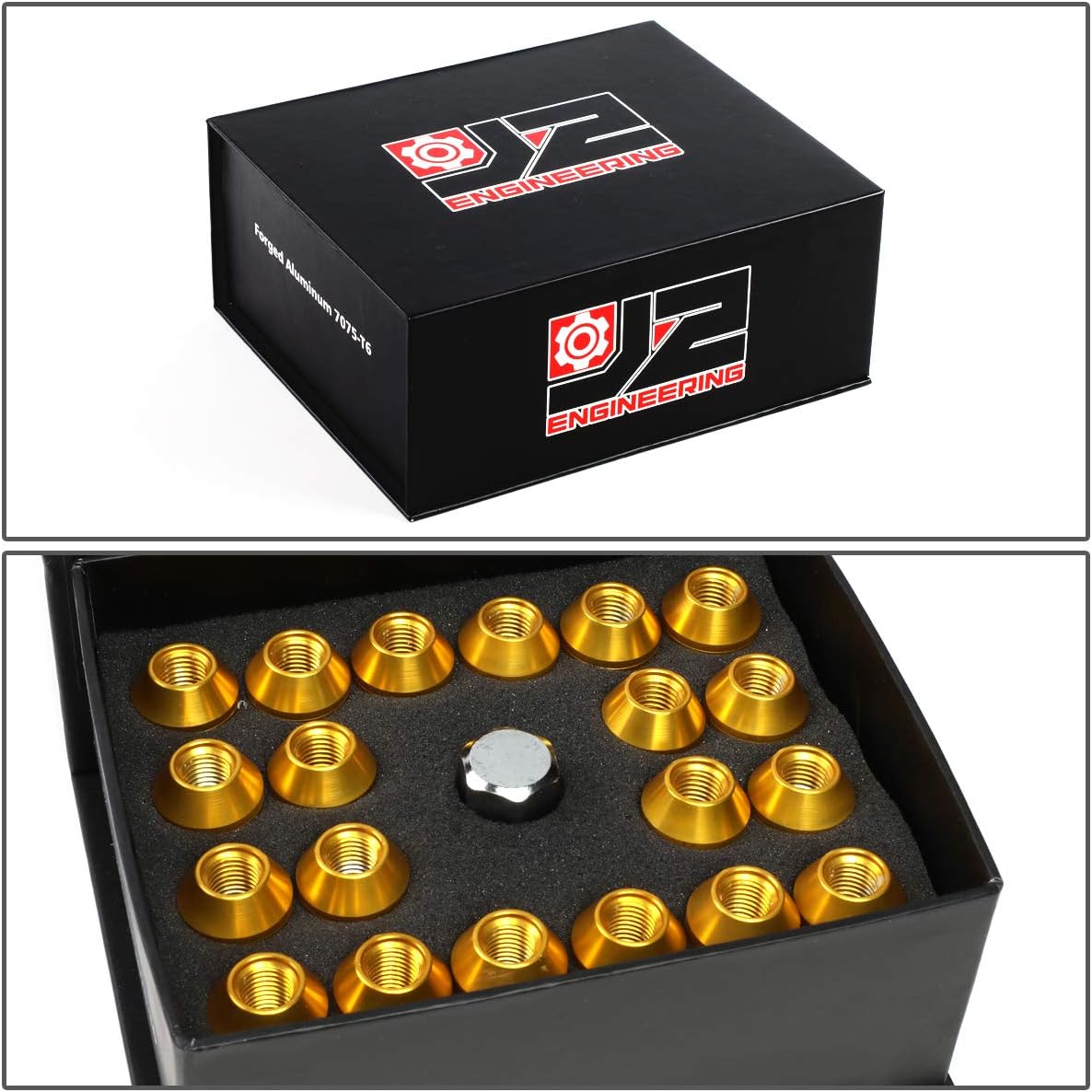 J2 Engineering LN-T7-018-15-GD 7075 Aluminum Gold M12x1.5 20Pcs L: 50mm Close-End Lug Nut w/Adapter