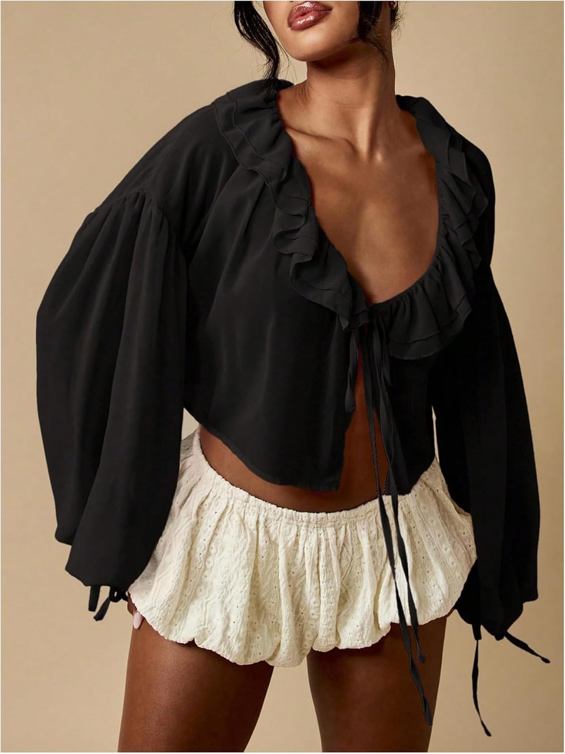 Floerns Women's Lantern Sleeve Crop Blouse Layered Ruffle Tie Front V Neck Dressy Shirts - Image 4