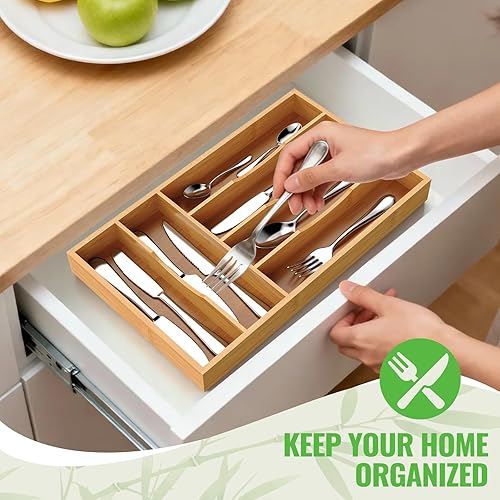 Miniatura 4 de Organizador de cubiertos de bambú, organizador de cubiertos de bambú para cajones de cocina, soporte para utensilios, bandeja organizadora de