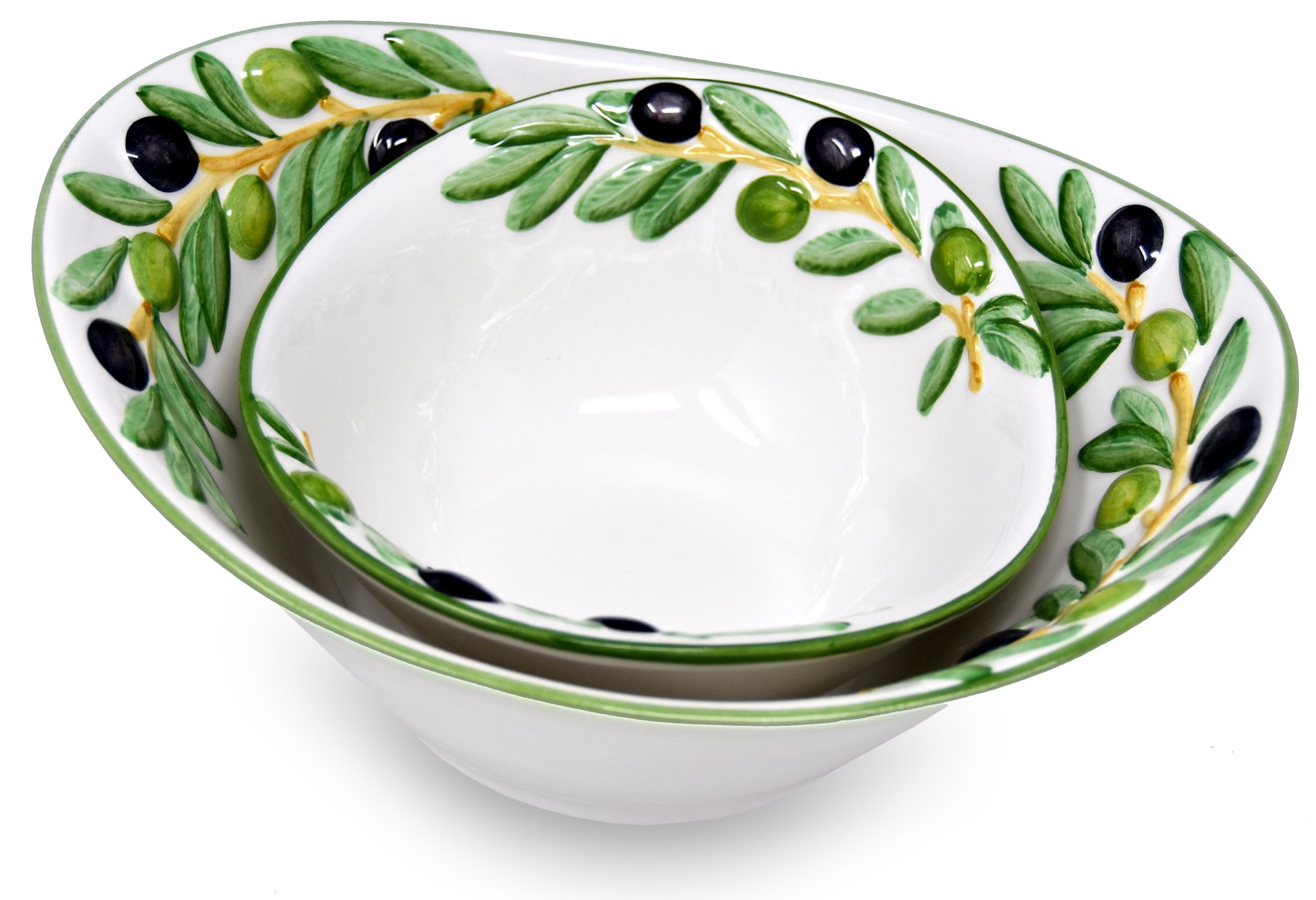Lashuma 2er Set Handgearbeitete Ovale Keramikschale mit Olivenrelief 20 x 17 cm und Handbemalte Runde Salatschüssel 25 x 21 cm im Geschenkset