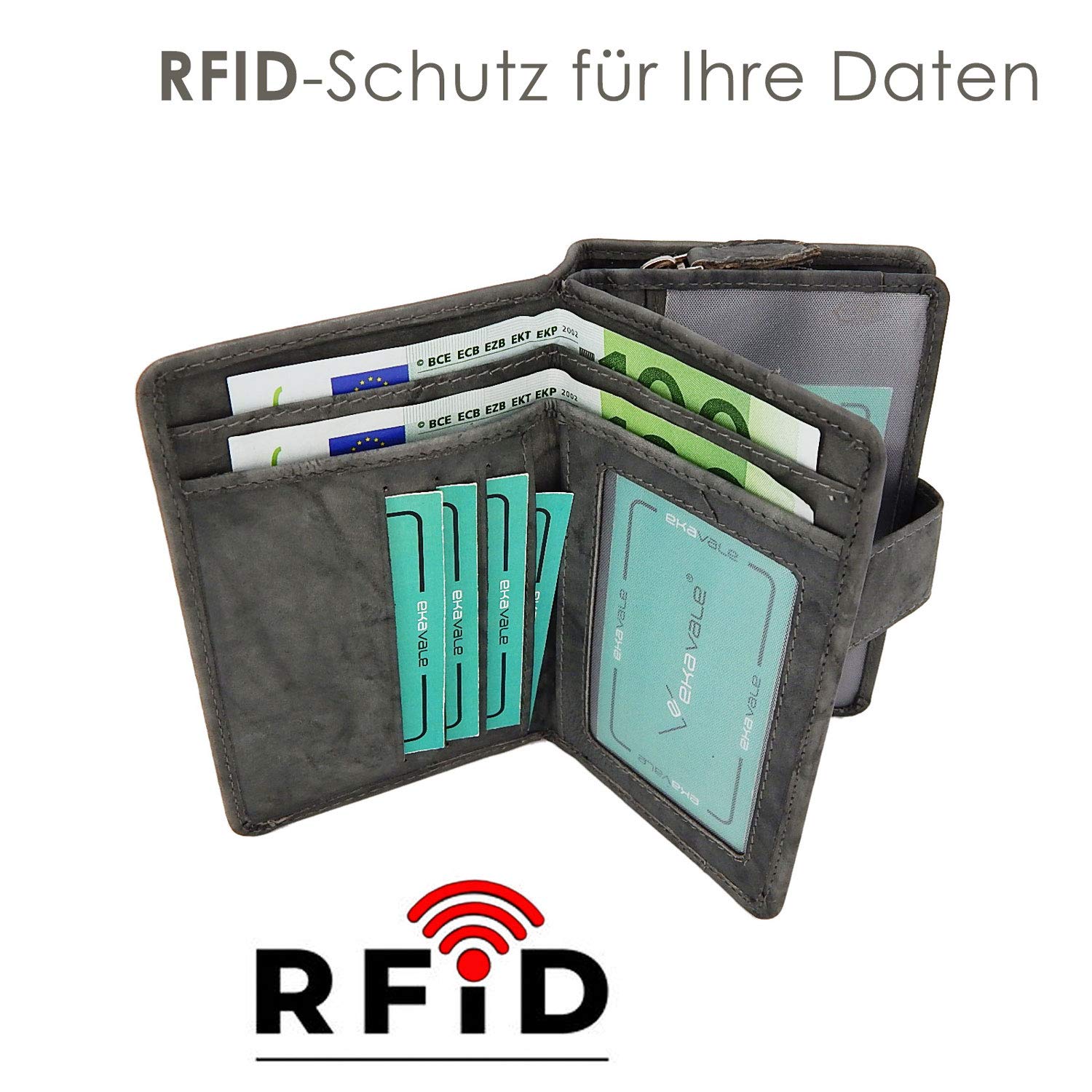 ekavale Damen Geldbörse aus weichem Leder mit RFID-Schutz - Damen-Portemonnaie (Grau)