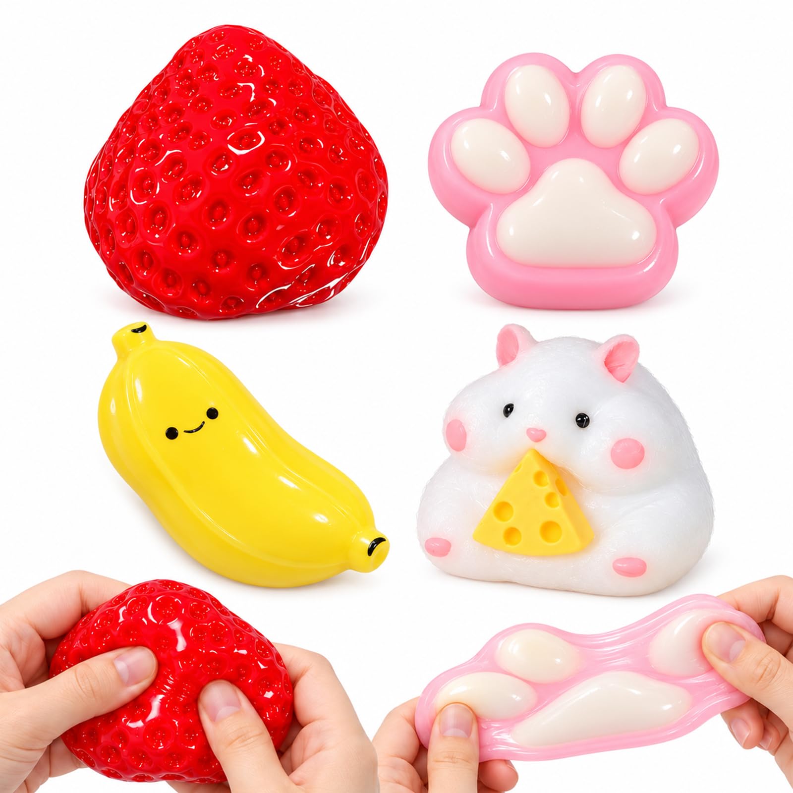 4Pcs Cute Squishy, Cat Paw Fruit Hamster Squishies Stress Fidget Toys