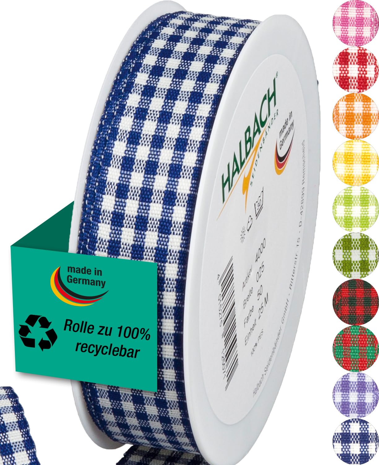 Halbach Seidenbänder Premium Vichy Chequered Gift Ribbon (Dark Blue) Width 25 mm Length 25 m Checked Ribbon Made in Germany