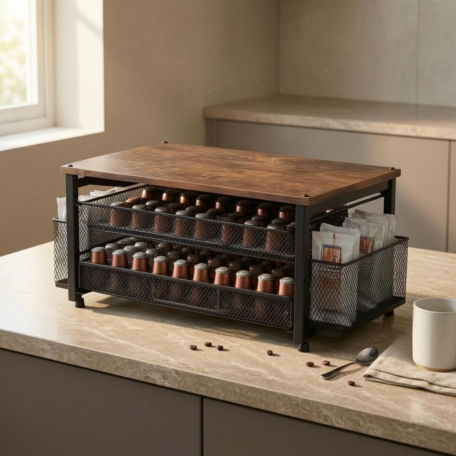 3-stufiges Kapselregal Desktop Kaffeekapselregal Kaffeezubehör Arbeitsplattenaufbewahrung, Schwarz, Mit Kunststoffseitenkorb
