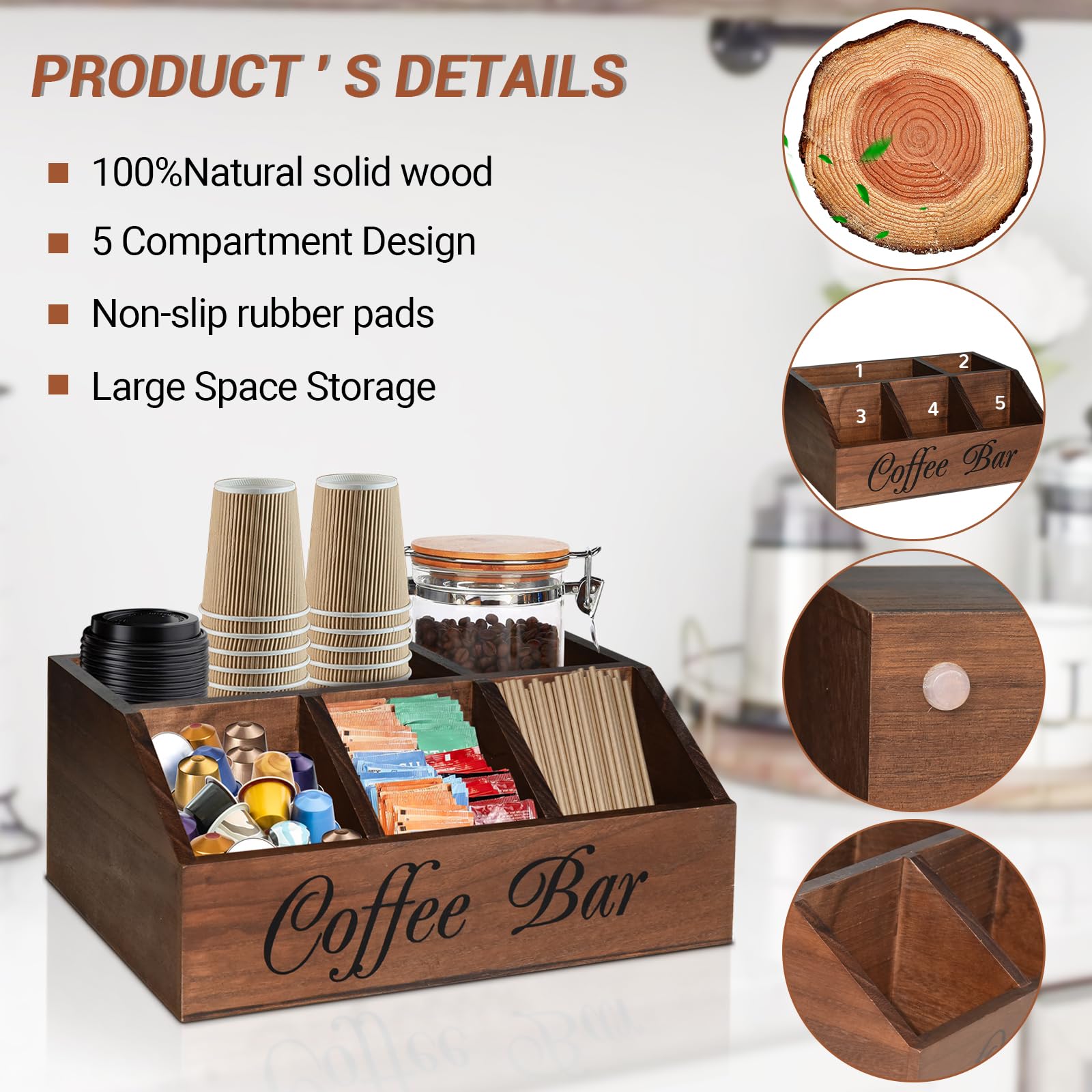 ugiftt Organizador de estación de café para mostrador, cesta de almacenamiento de cápsulas de café de madera, organizador de almacenamiento de condimentos de café y té, decoración rústica de barra de
