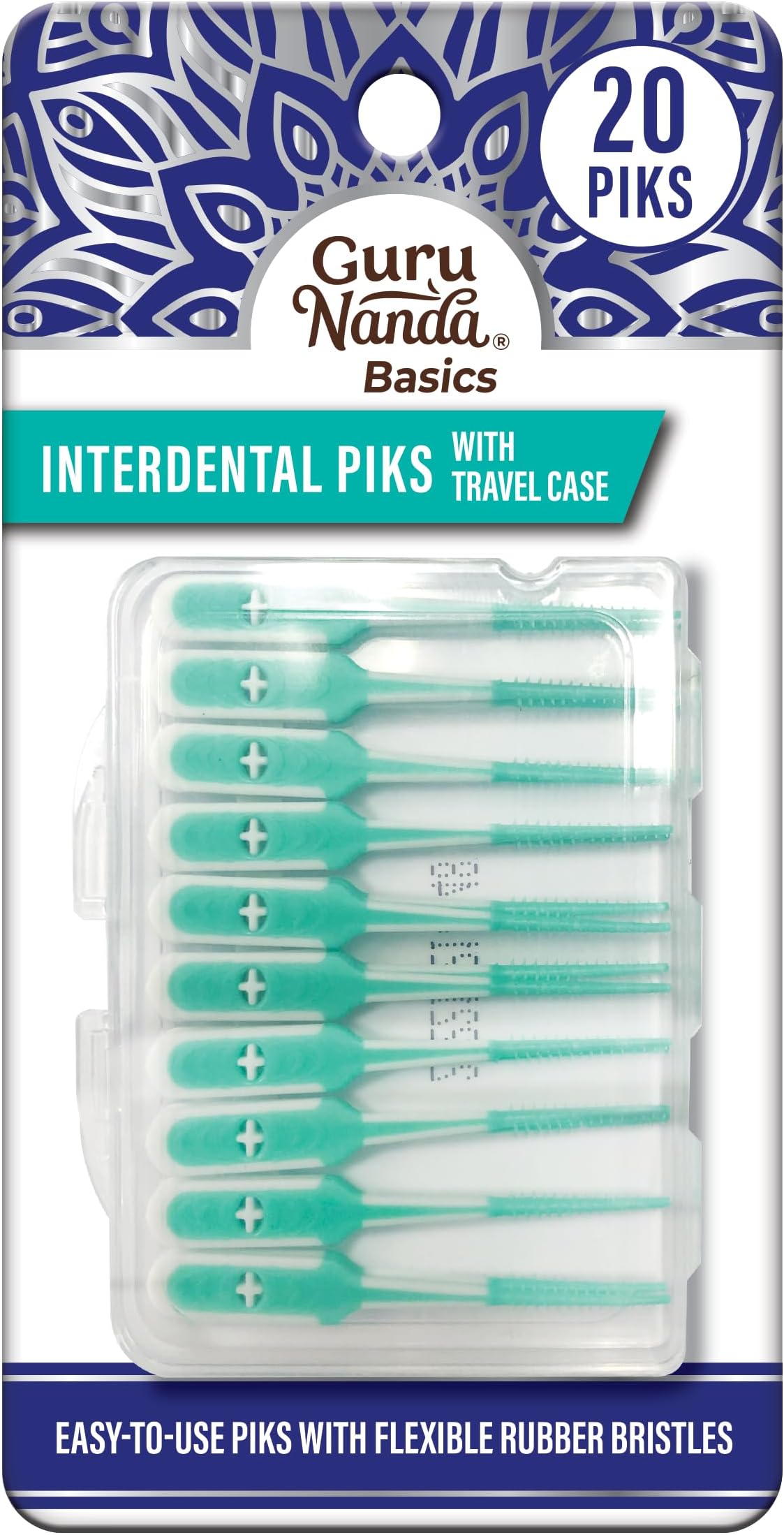 Interdental Picks with Travel Case - Floss Tooth Pick for Teeth Cleaning - Flexible Rubber Bristles - 20 Picks