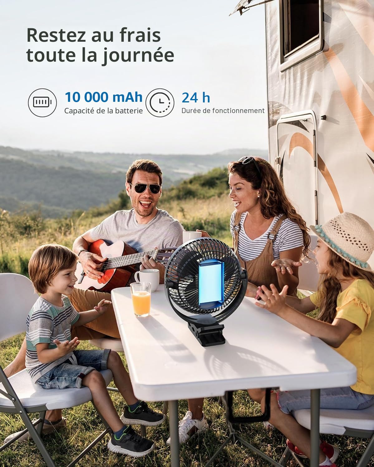 Koonie Ventilateur à Clip à Piles 10000 mAh 20CM, Ventilateur USB portable, 4 Vitesses, débit d'air puissant, Pince Robuste pour Bureau Personnel, Voiture de Golf, Voyage en plein air, Camping (Noir)