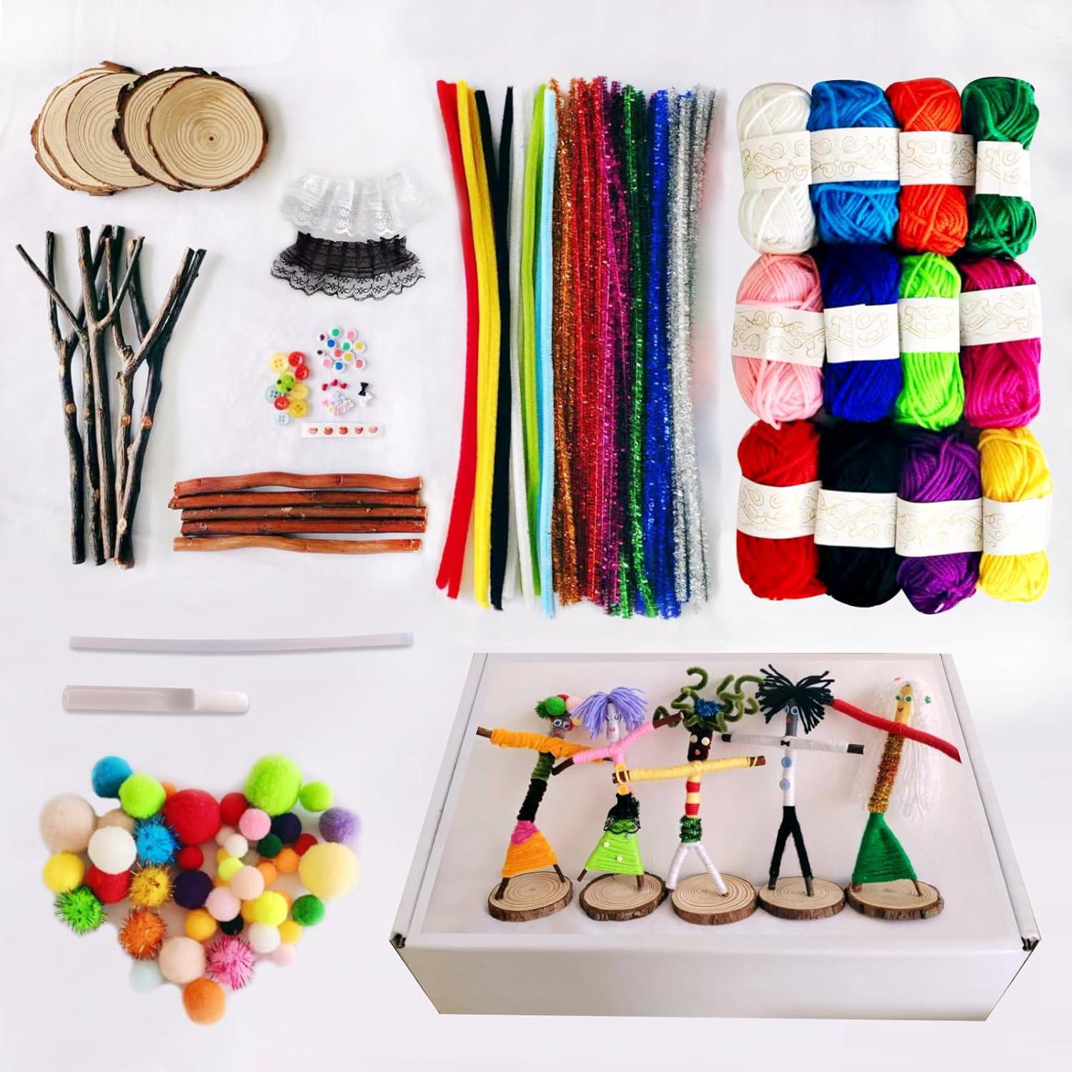 Qupace 5 Sets Wooden Doll DIY Craft Kits, All-in-One Art Supplies with Yarn, Pipe Cleaners, Pompoms, Googly Eyes, Lace, for Kids & Adults, Party Activities, Birthday Gifts, School Art Projects