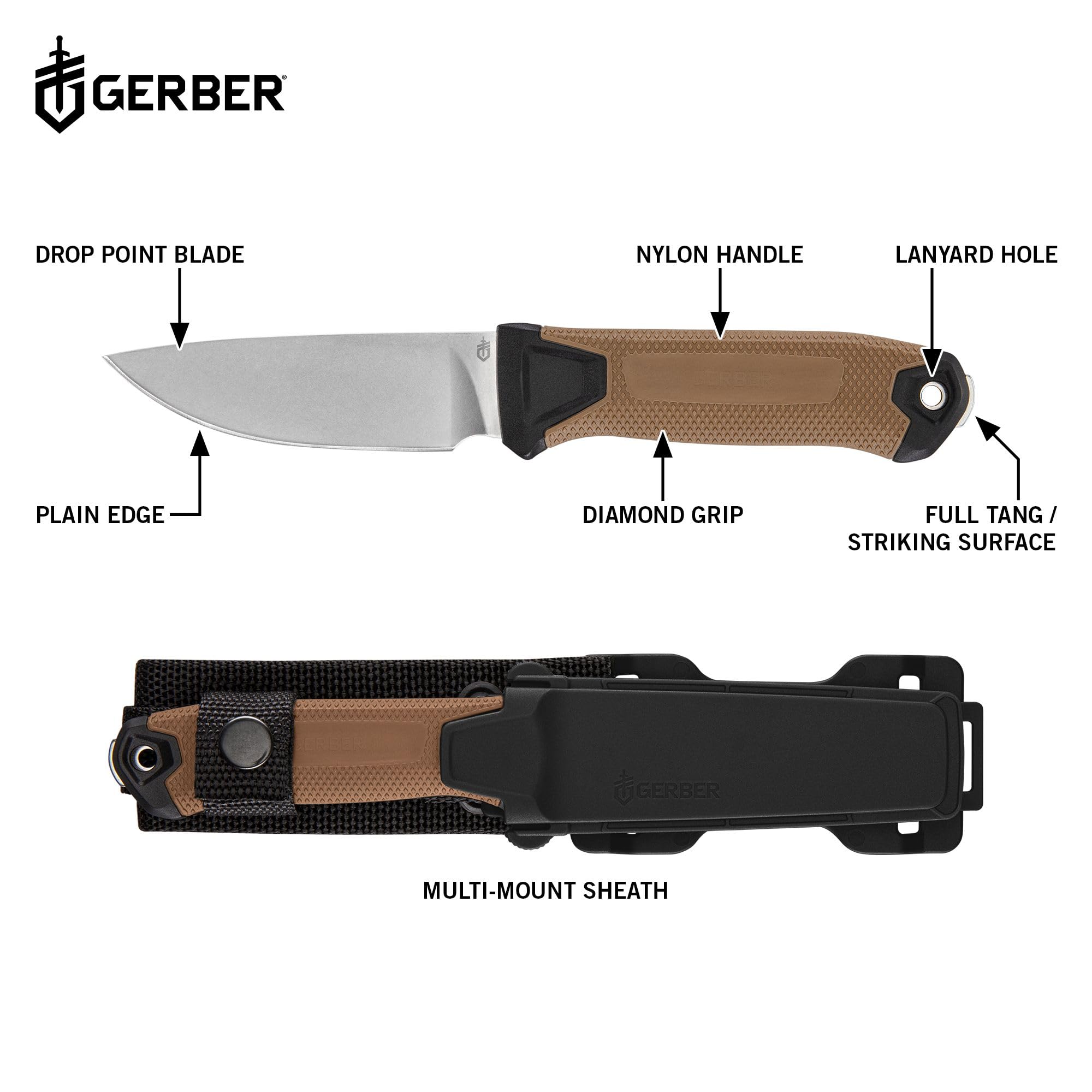 Gerber Gear StrongArm Camp Magnacut - Fixed Blade Survival Tactical Knife for Camping, Outdoor, Hunting - Ergonomic Ambidextrous Utility Tool - Made in USA - Coyote Brown