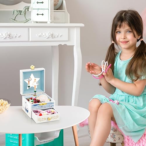Miniatura 7 de RR ROUND RICH DESIGN Joyero musical para niños con cajón y bonito juego de joyas con elegante tema de ballet, color blanco
