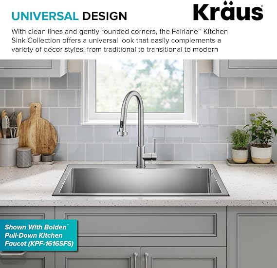 KRAUS Fairlane 33-inch Drop In/Top Mount Single Bowl 18-Gauge Stainless Steel Kitchen Sink, KHT640-33