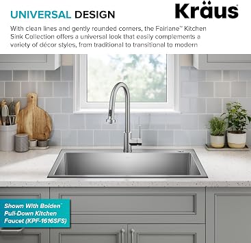 KRAUS Fairlane 33-inch Drop In/Top Mount Single Bowl 18-Gauge Stainless Steel Kitchen Sink, KHT640-33