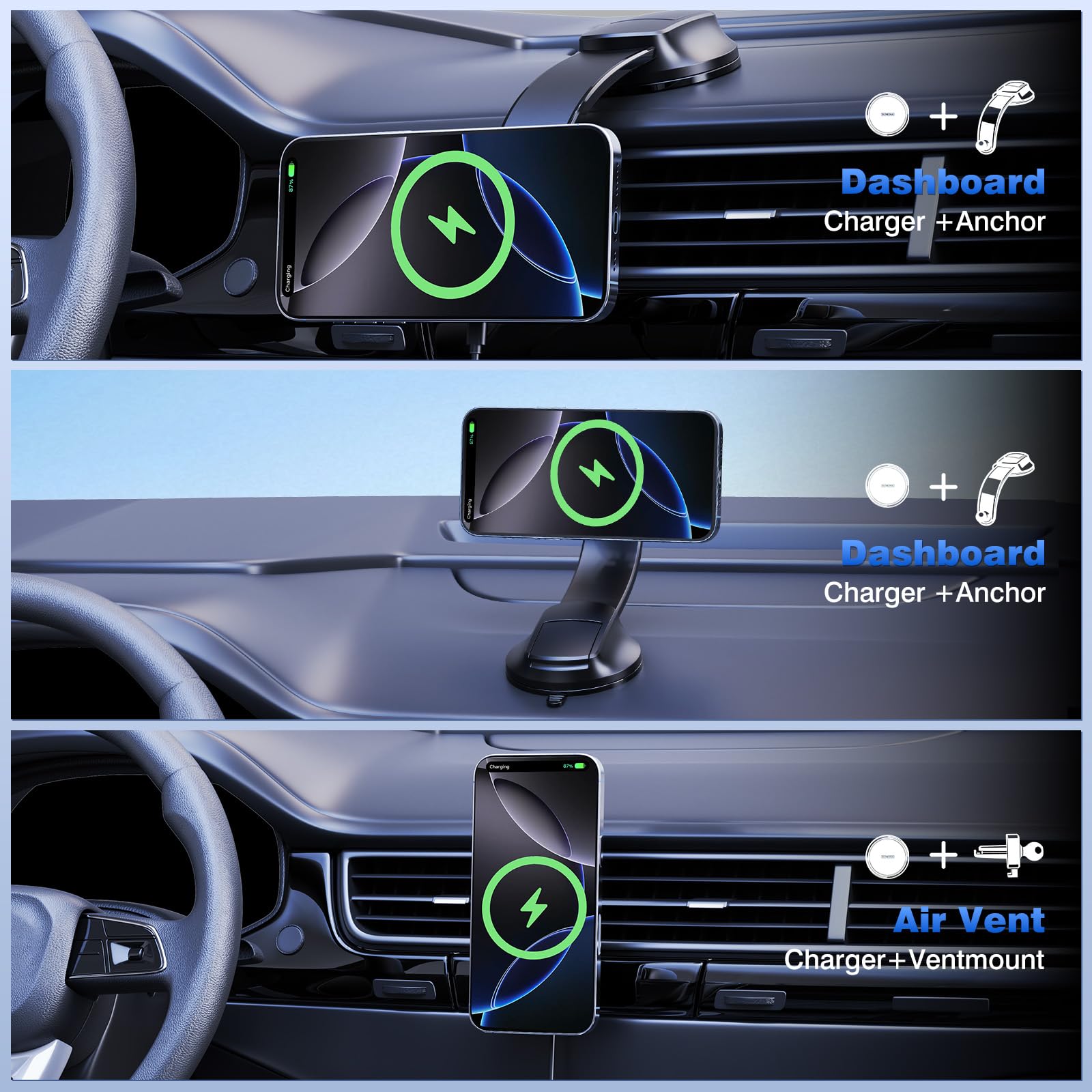 15W Chargeur Induction Voiture, Support Telephone Voiture Induction, Qi2 sans Fi, aimants N52(1300g), Support Telephone Voiture Chargeur pour Grille d'Aération/Pare-brise, Supports Magnétiques Voiture
